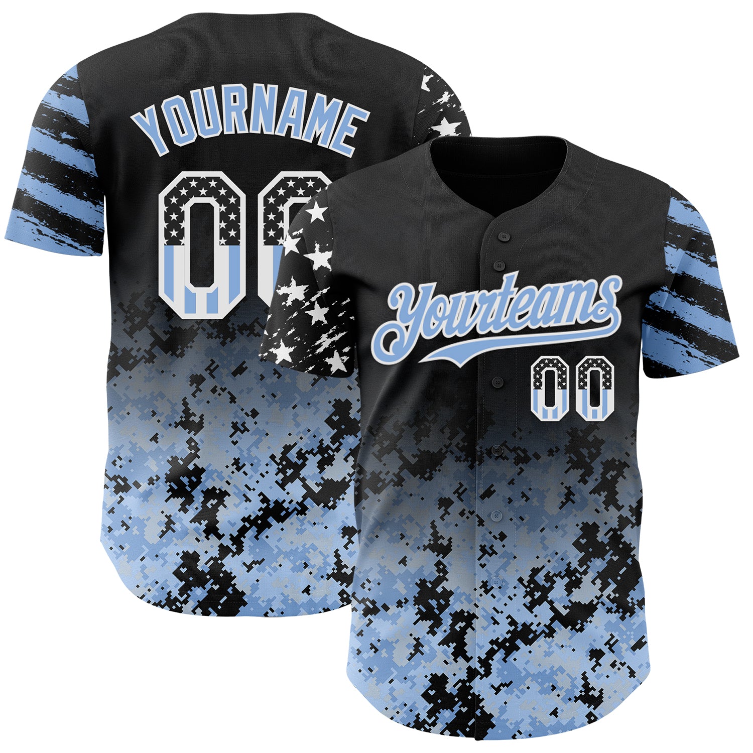 Custom Black USA Flag Camo White-Light Blue Gradient Digital Camouflage Stars & Stripes Two Tone Authentic Baseball Jersey