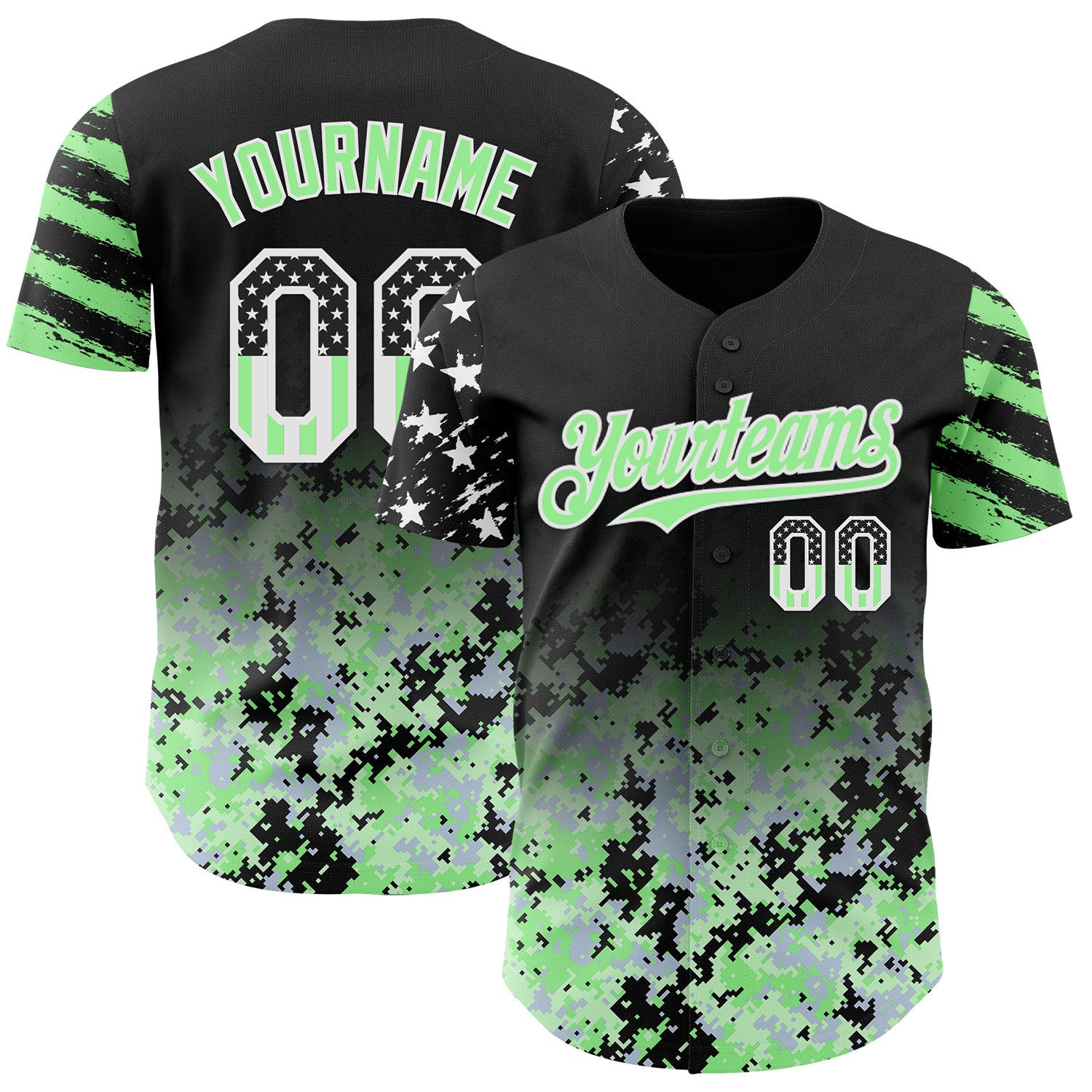 Custom Black USA Flag Camo White-Pea Green Gradient Digital Camouflage Stars & Stripes Two Tone Authentic Baseball Jersey