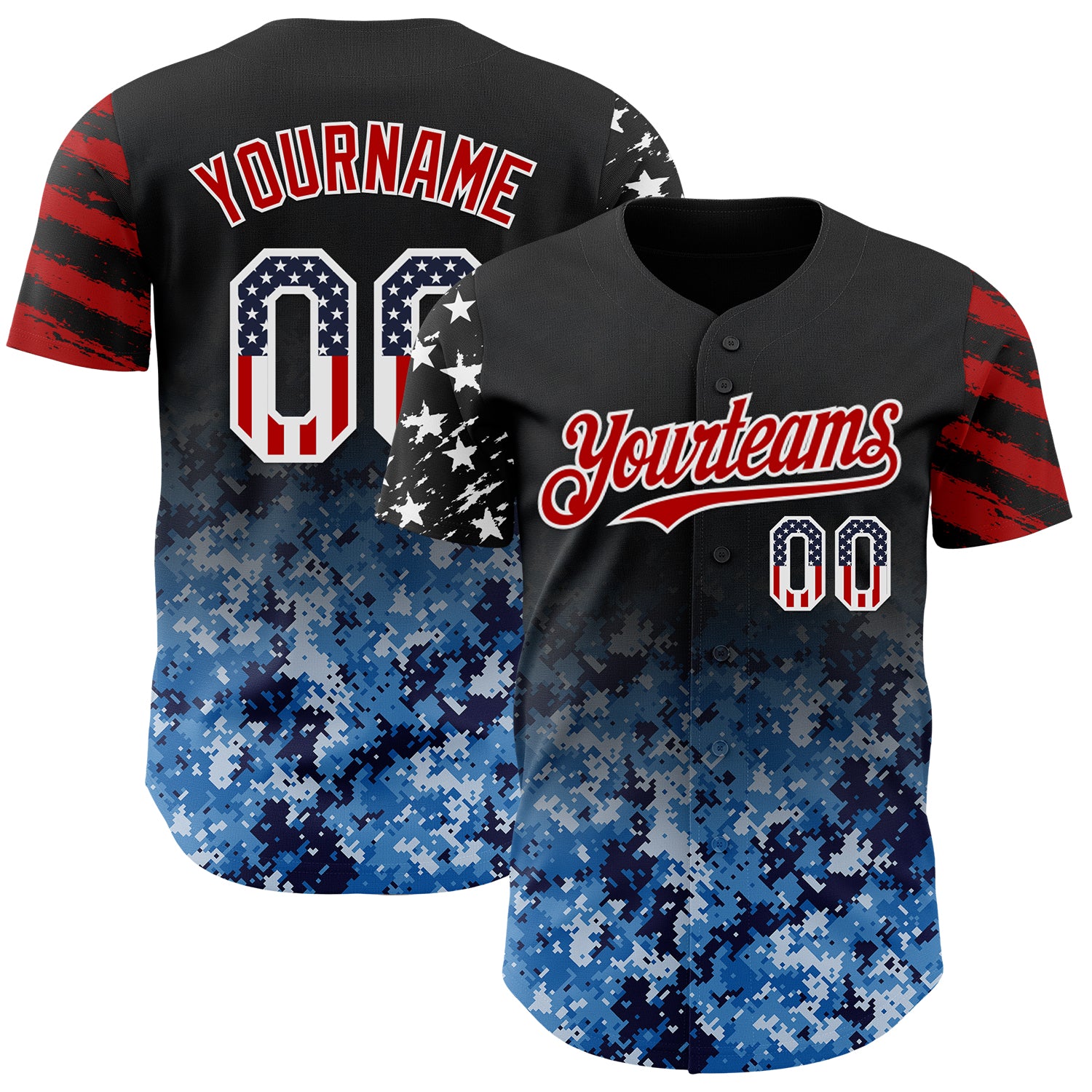 Custom Black USA Flag Camo White-Red Gradient Digital Camouflage Stars & Stripes Two Tone Authentic Baseball Jersey