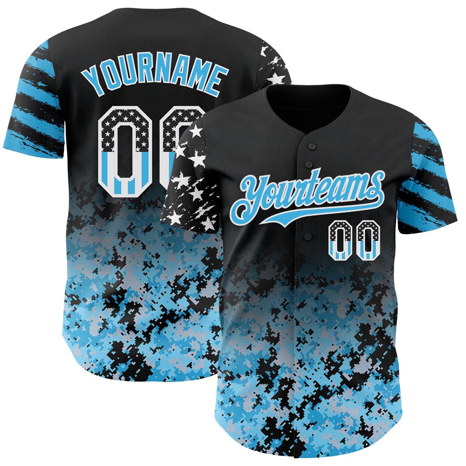 Custom Black USA Flag Camo White-Sky Blue Gradient Digital Camouflage Stars & Stripes Two Tone Authentic Baseball Jersey