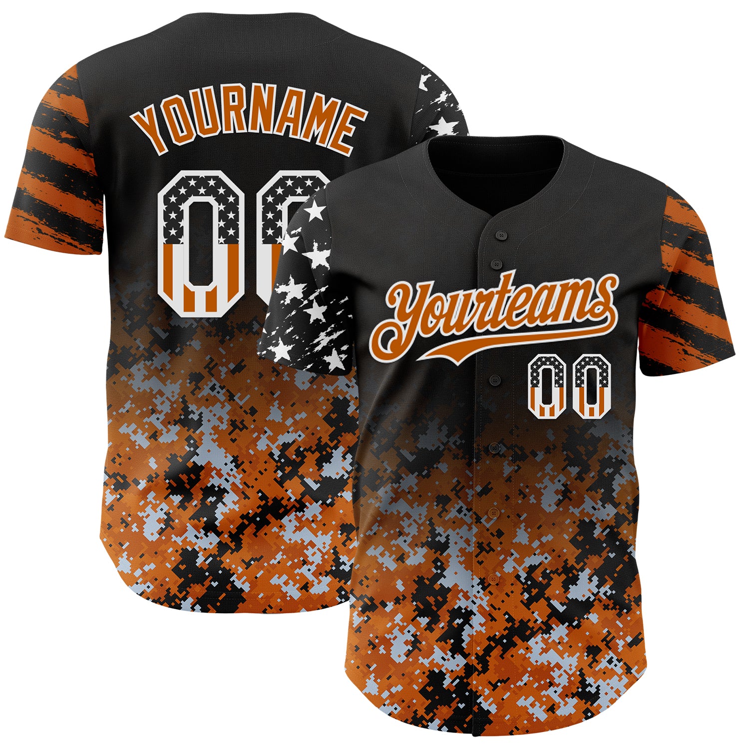 Custom Black USA Flag Camo White-Texas Orange Gradient Digital Camouflage Stars & Stripes Two Tone Authentic Baseball Jersey