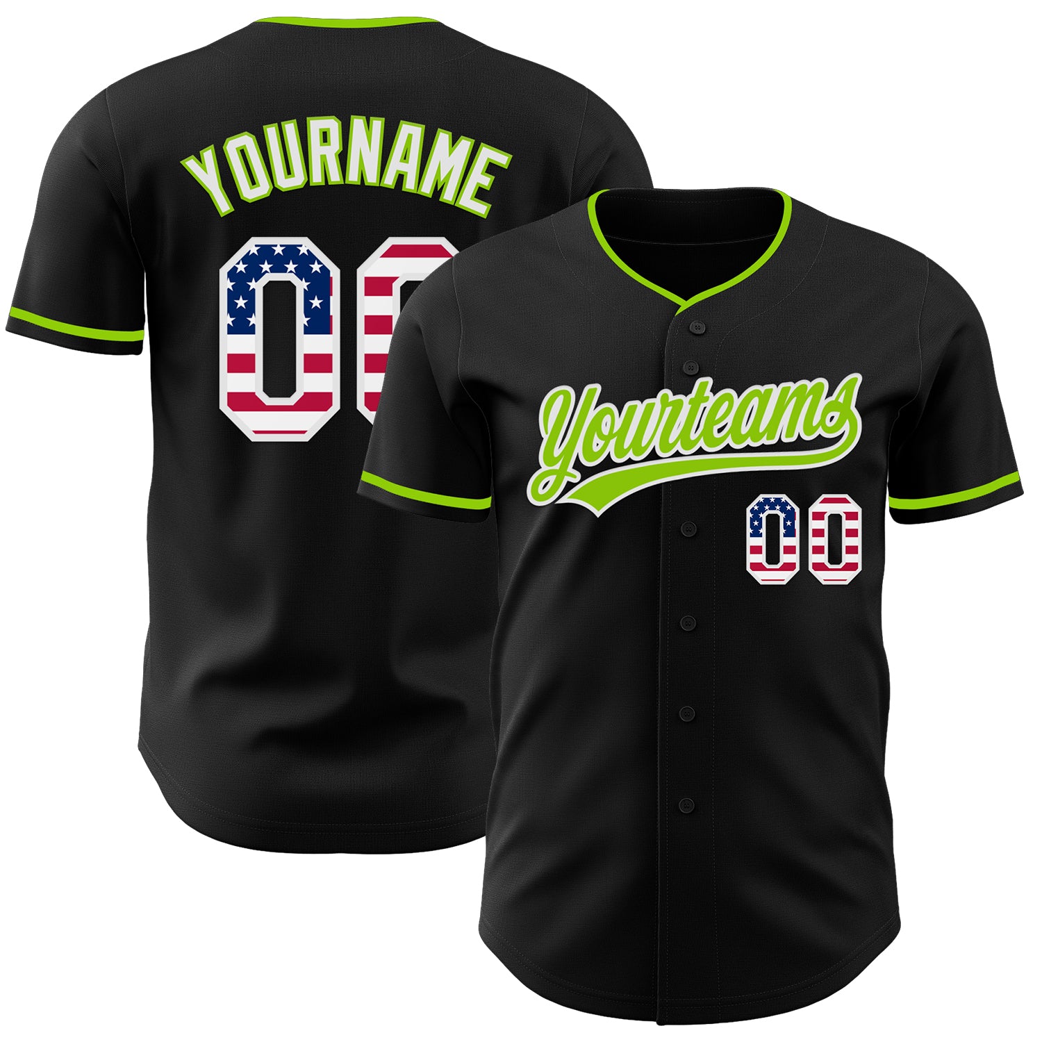 Custom Black USA Flag Neon Green-White Authentic Baseball Jersey