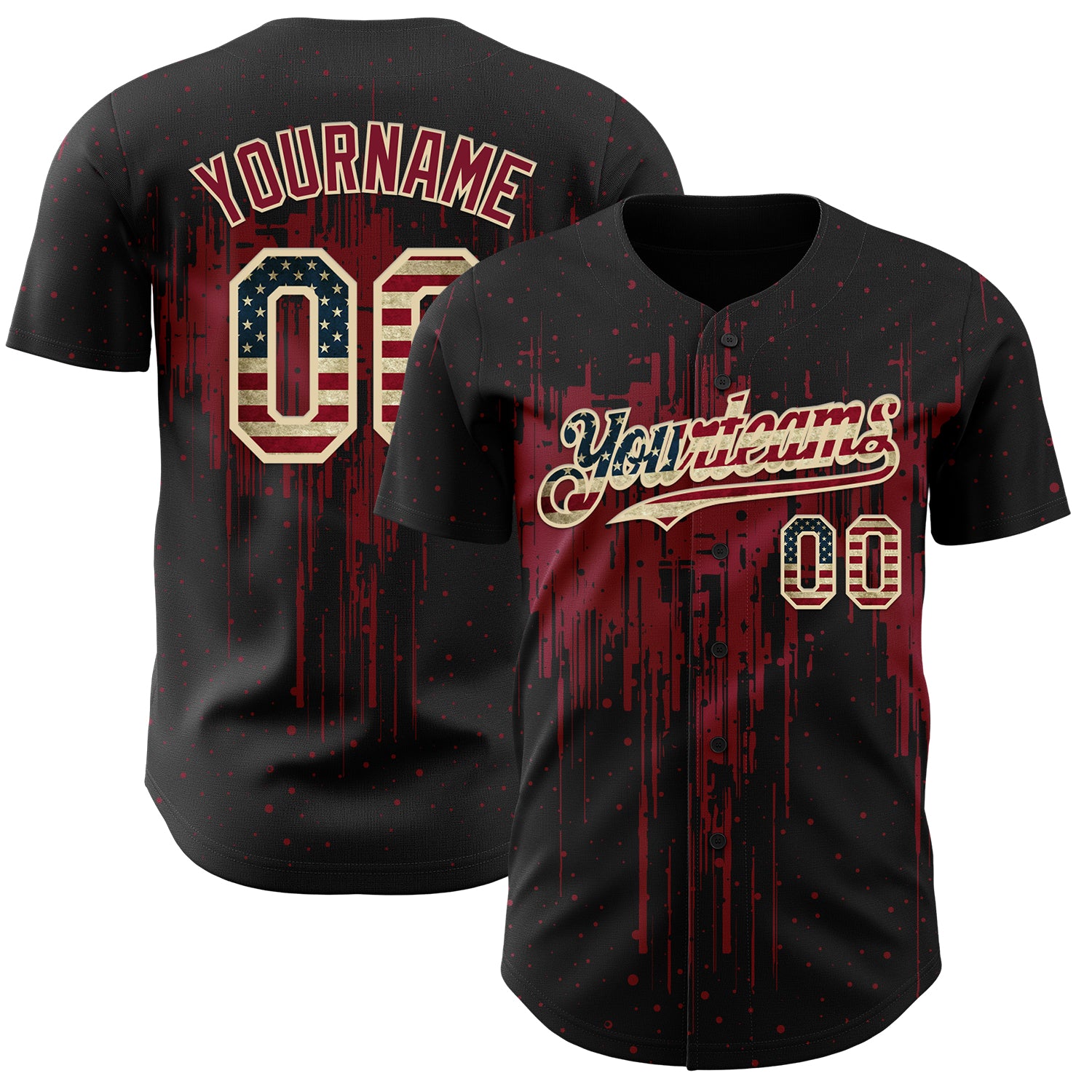 Custom Black Vintage USA Flag Cream-Crimson 3D Pattern Design Dripping Splatter Paint Authentic Baseball Jersey