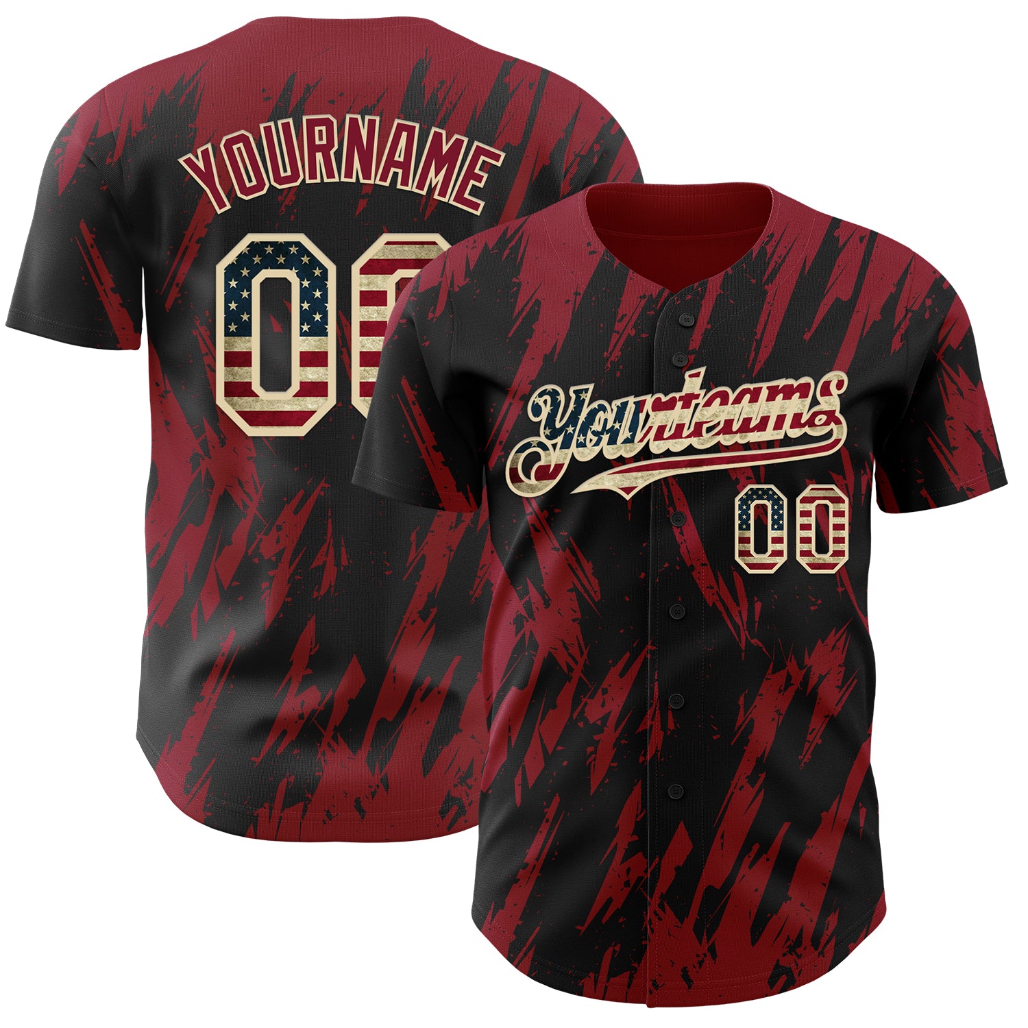 Custom Black Vintage USA Flag Cream-Crimson 3D Pattern Design Splatter Torn Sharp Brush Stroke Authentic Baseball Jersey