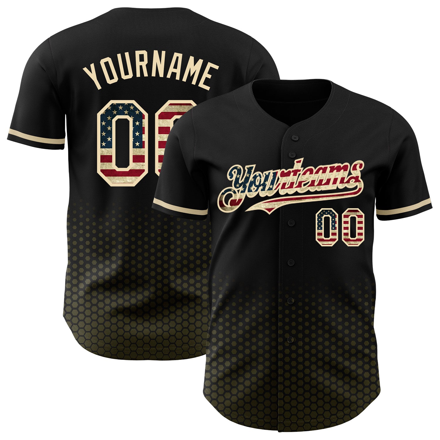 Custom Black Vintage USA Flag Olive-Cream Geometric Hexagonal Dot Gradient Authentic Baseball Jersey