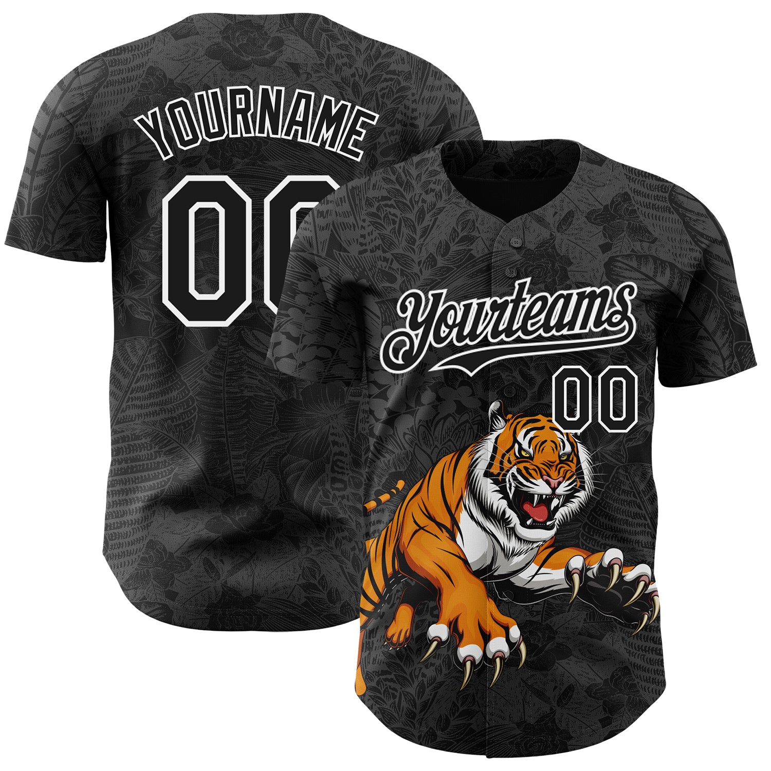 Custom Black White 3D Hawaii Tropical Palm Leaves And Animal Tiger Authentic Baseball Jersey