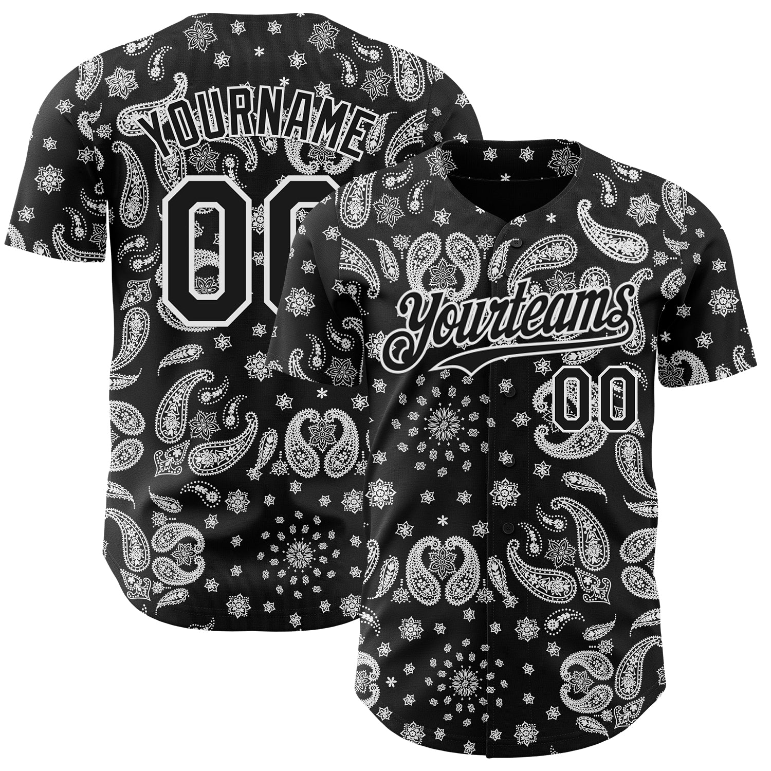 Custom Black White 3D Pattern Design Rave Party Ethnic Paisley Bandana Authentic Baseball Jersey