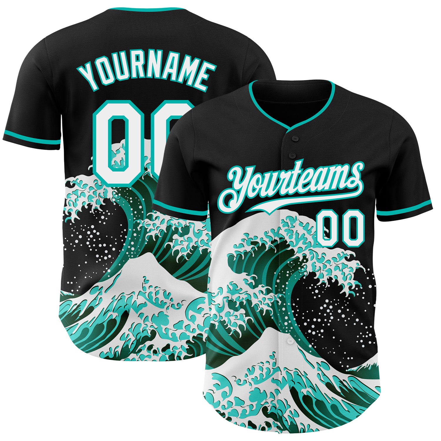 Custom Black White-Aqua Japanese Wave 3D Pattern Design Authentic Baseball Jersey