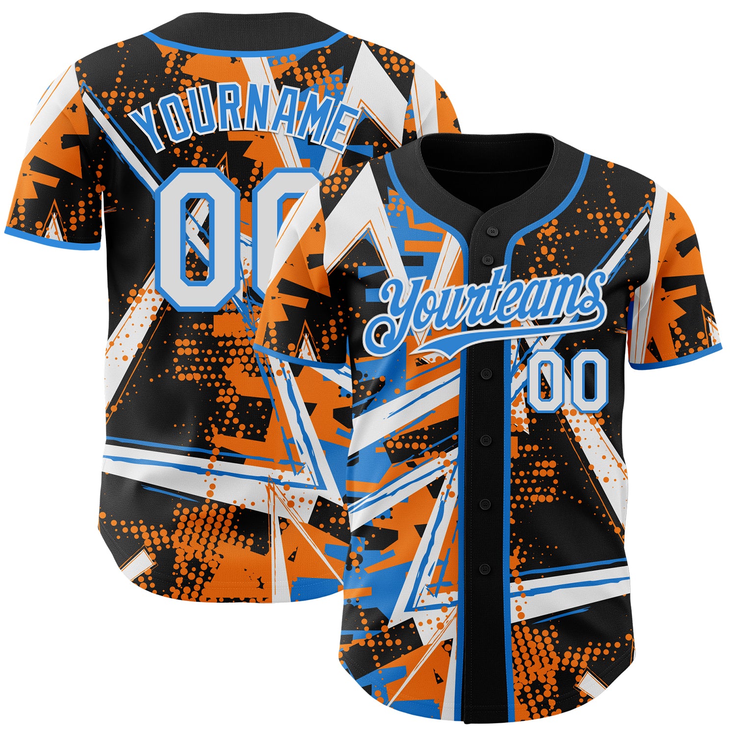 Custom Black White Bay Orange-Electric Blue Geometric Shards Dot Grid Authentic Baseball Jersey
