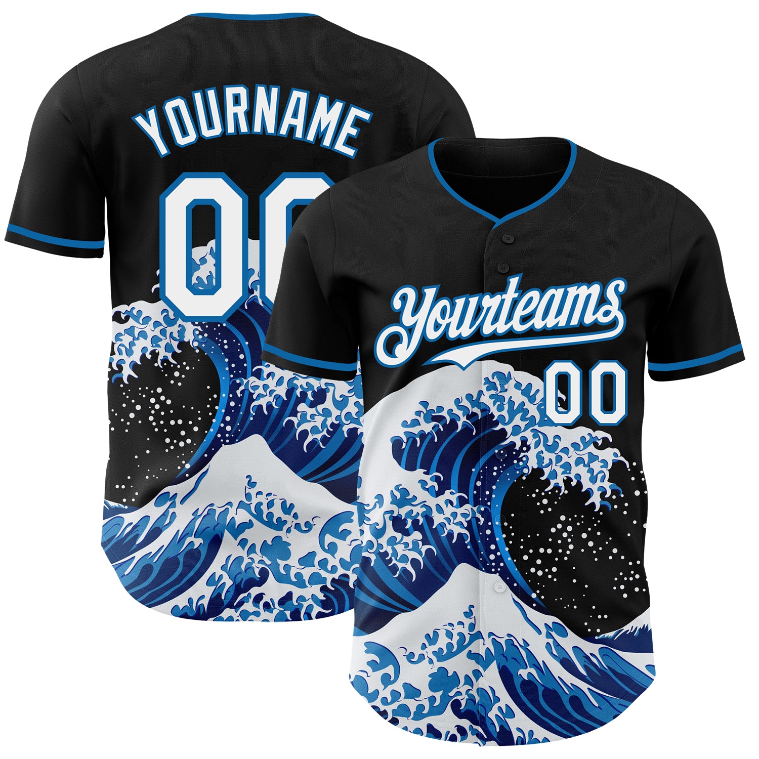 Custom Black White-Blue Japanese Wave 3D Pattern Design Authentic Baseball Jersey