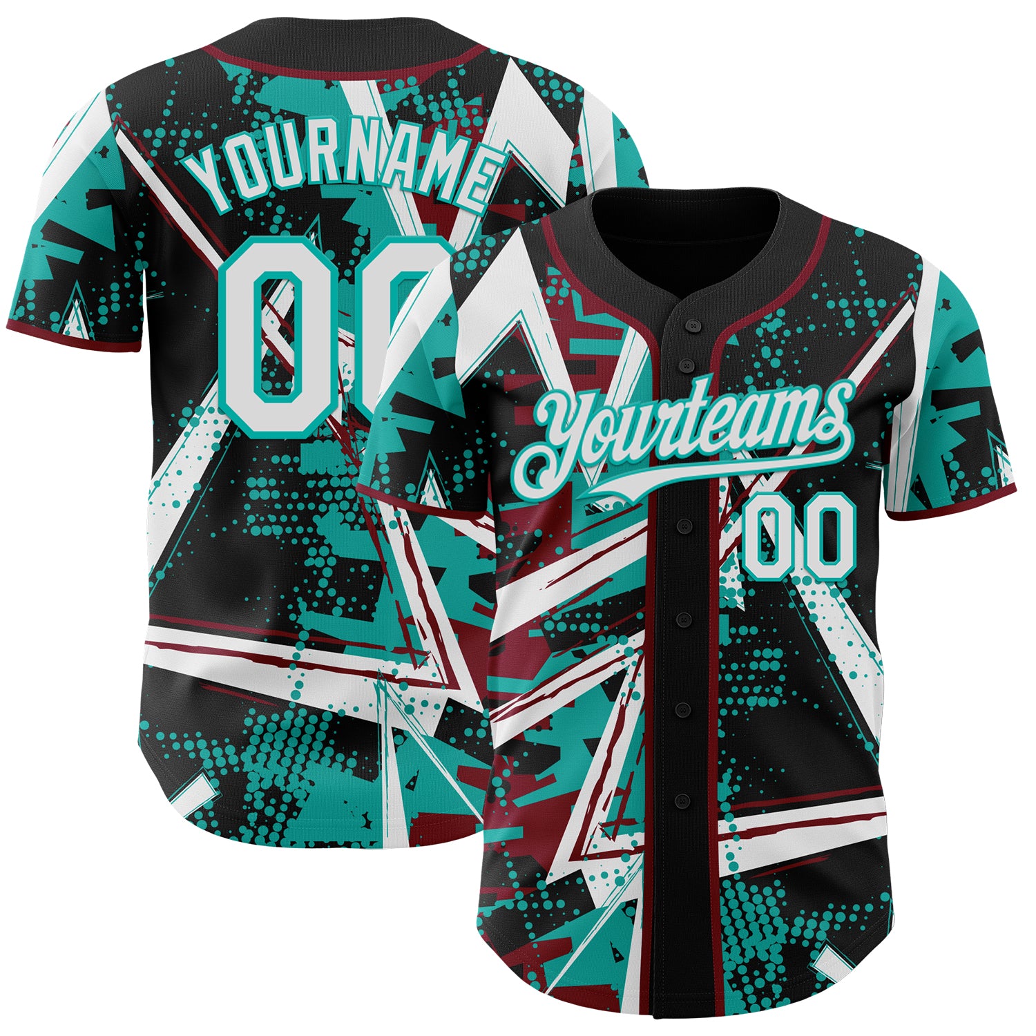 Custom Black White Crimson-Aqua Geometric Shards Dot Grid Authentic Baseball Jersey