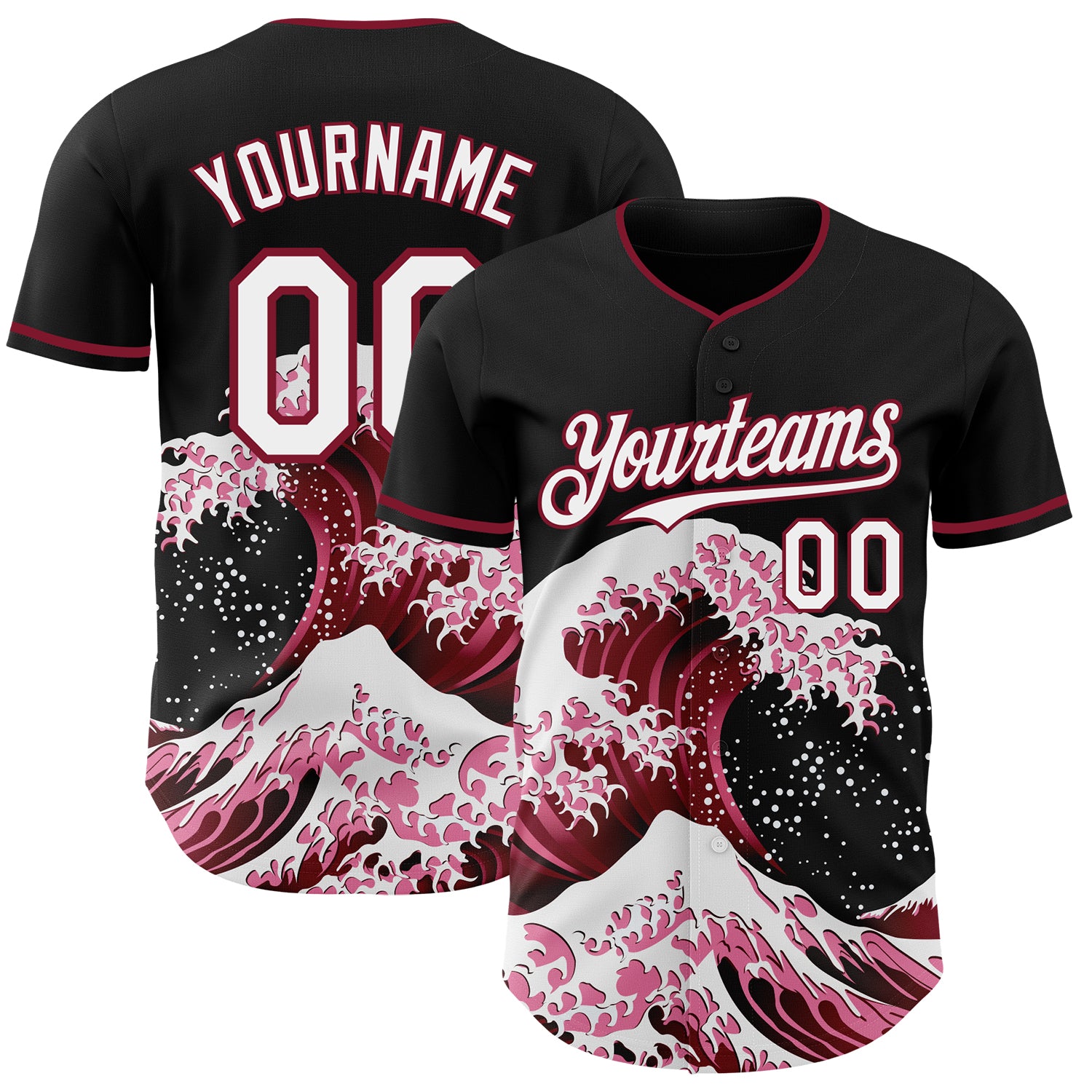 Custom Black White-Crimson Japanese Wave 3D Pattern Design Authentic Baseball Jersey