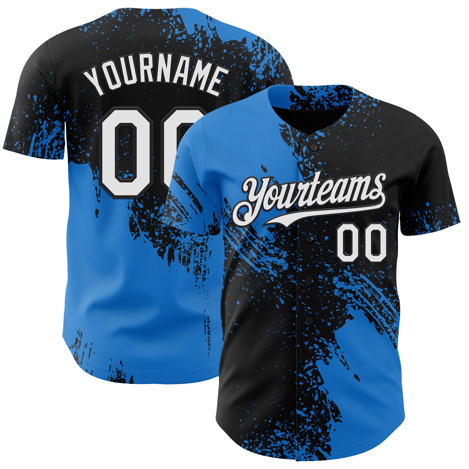 Custom Black White-Electric Blue Abstract Brush Stroke Authentic Baseball Jersey