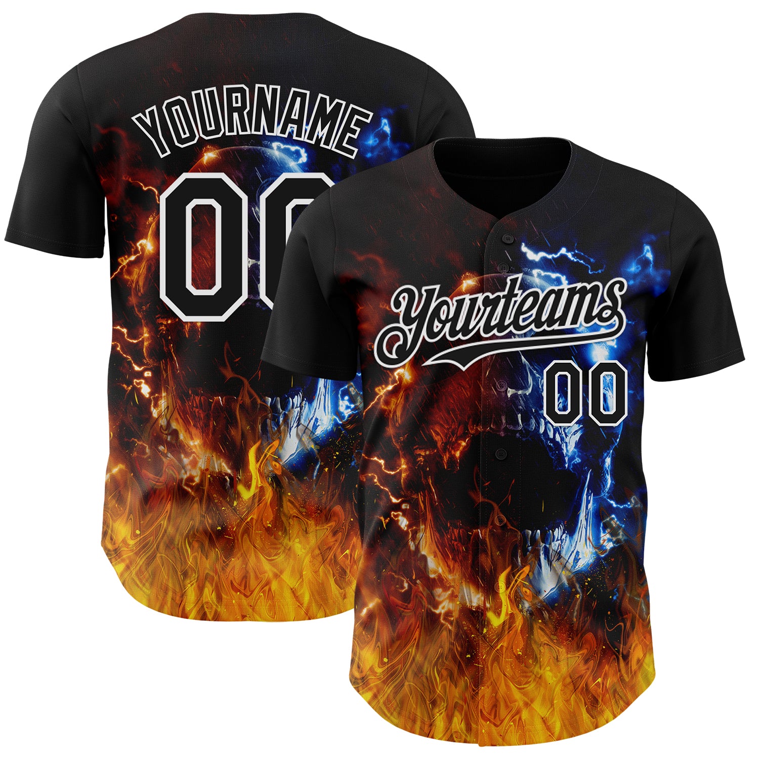 Custom Black-White Flames Skull Authentic Baseball Jersey
