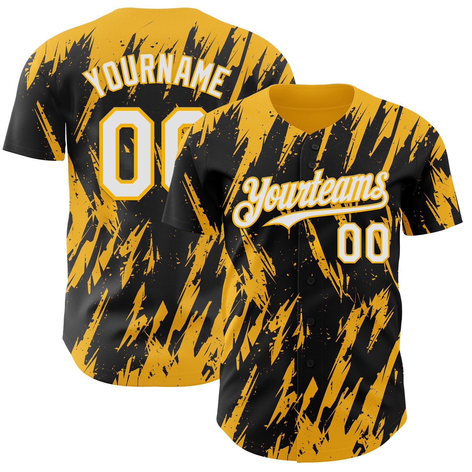 Custom Black White-Gold 3D Pattern Design Splatter Torn Sharp Brush Stroke Authentic Baseball Jersey