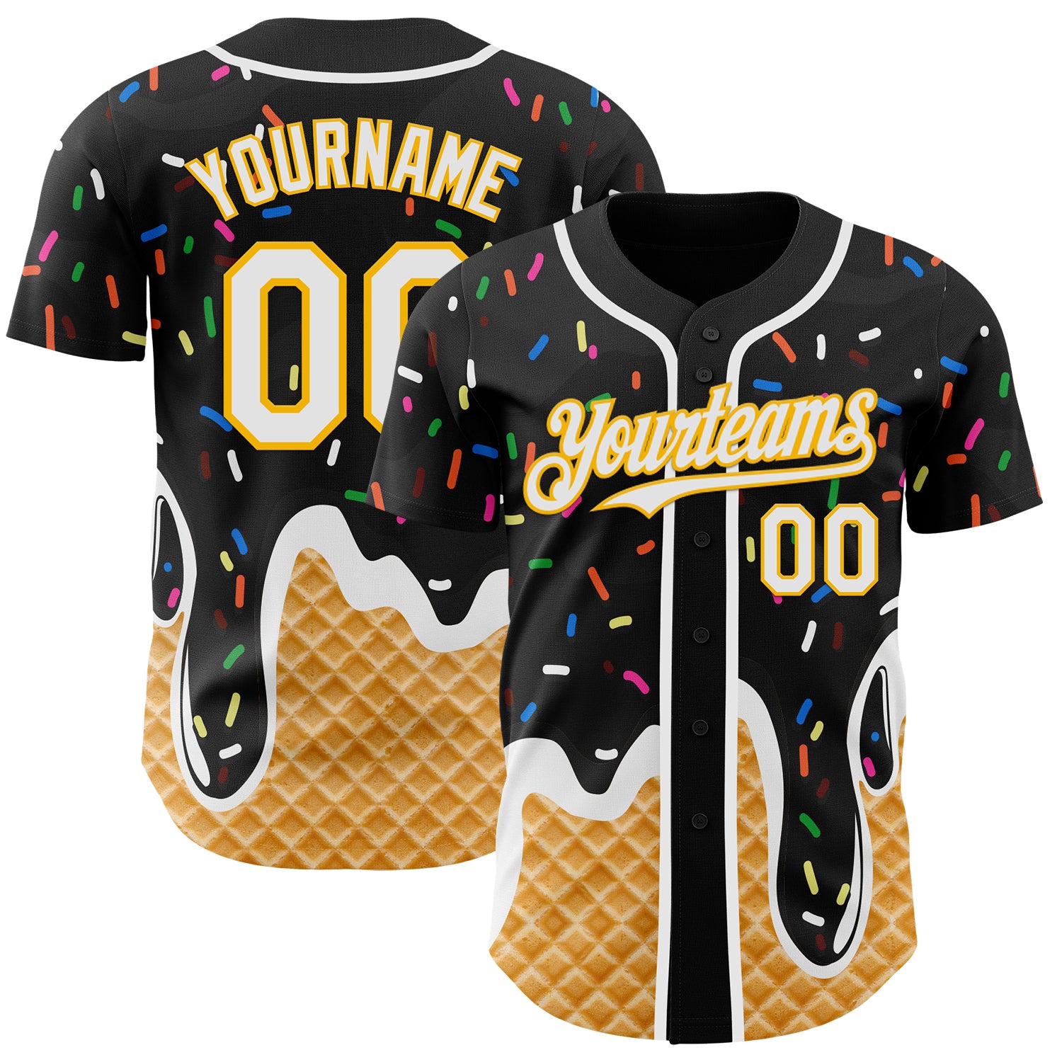 Custom Black White-Gold Ice Cream Waffle Foodie Dessert Authentic Baseball Jersey