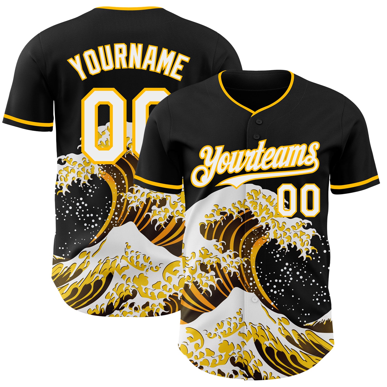 Custom Black White-Gold Japanese Wave 3D Pattern Design Authentic Baseball Jersey