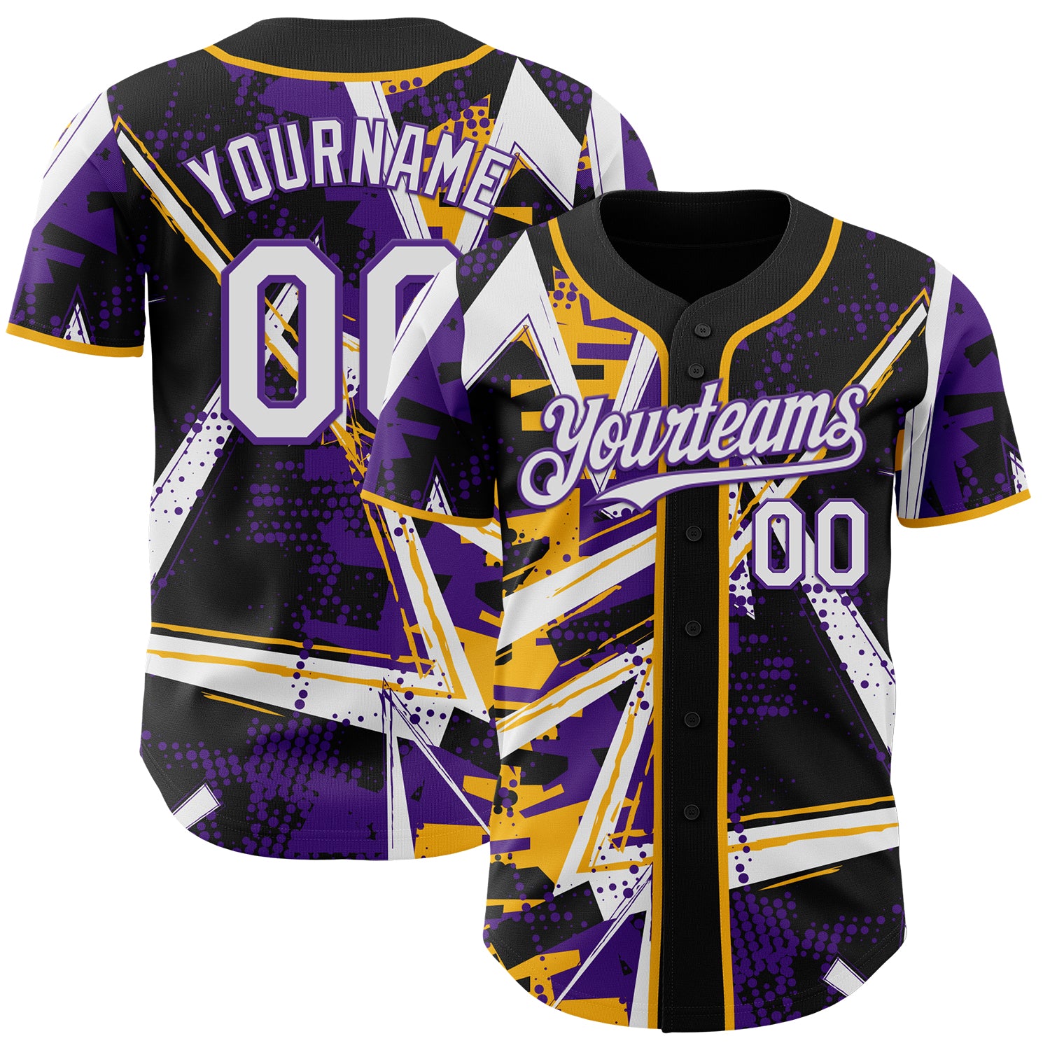 Custom Black White Gold-Purple Geometric Shards Dot Grid Authentic Baseball Jersey