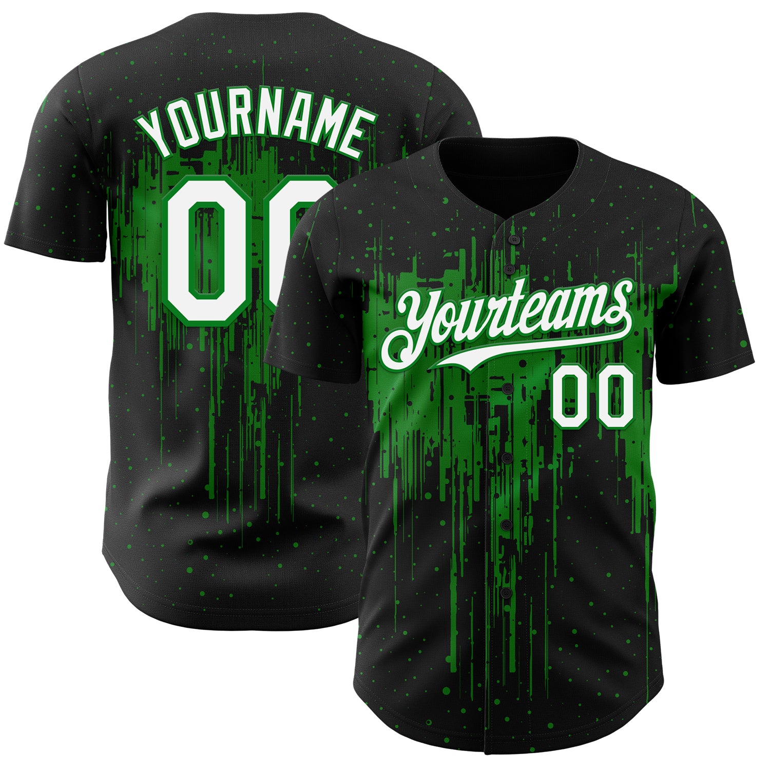 Custom Black White-Grass Green 3D Pattern Design Dripping Splatter Paint Authentic Baseball Jersey