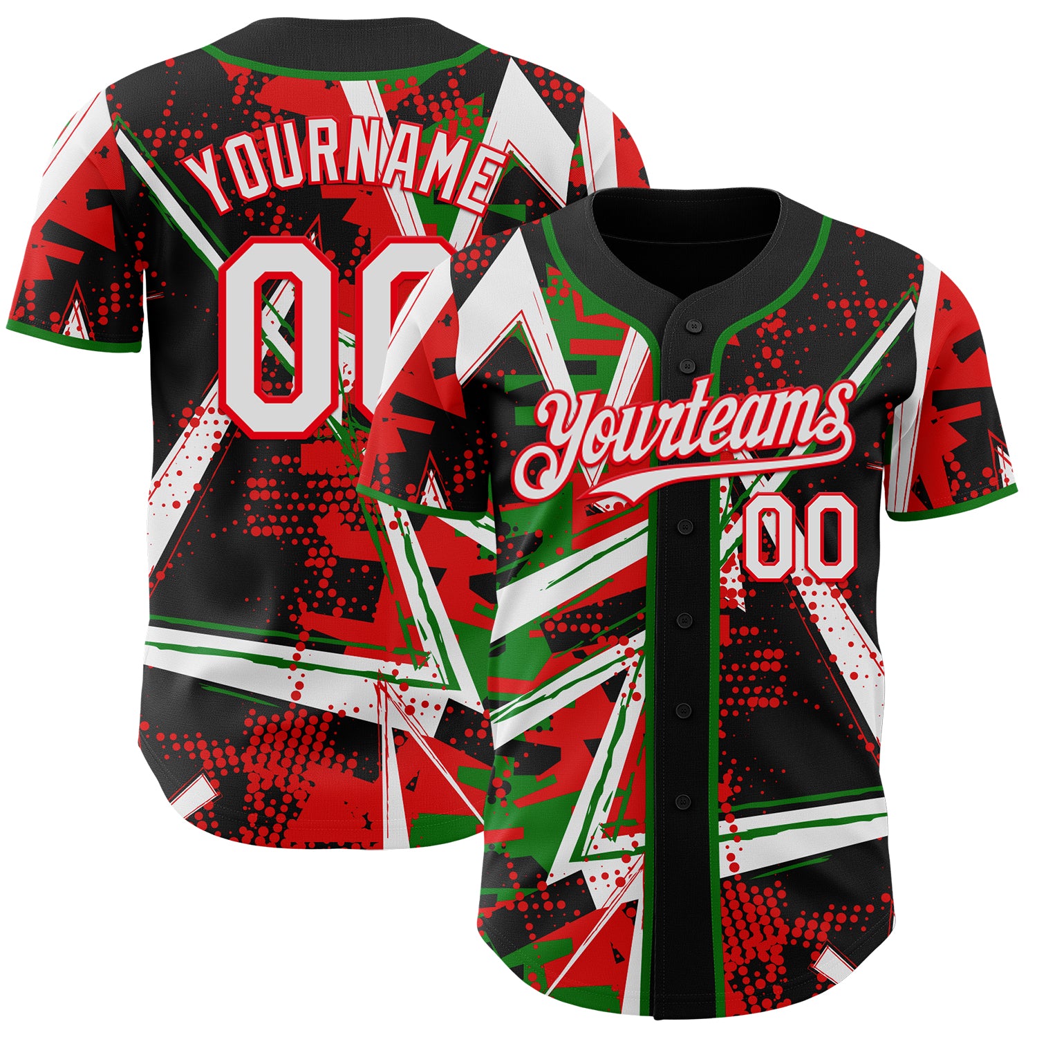 Custom Black White Grass Green-Fire Red Geometric Shards Dot Grid Authentic Baseball Jersey