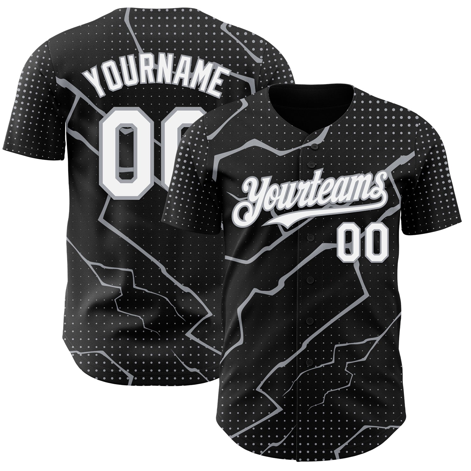 Custom Black White-Gray 3D Pattern Design Lightning Polka Dot Authentic Baseball Jersey