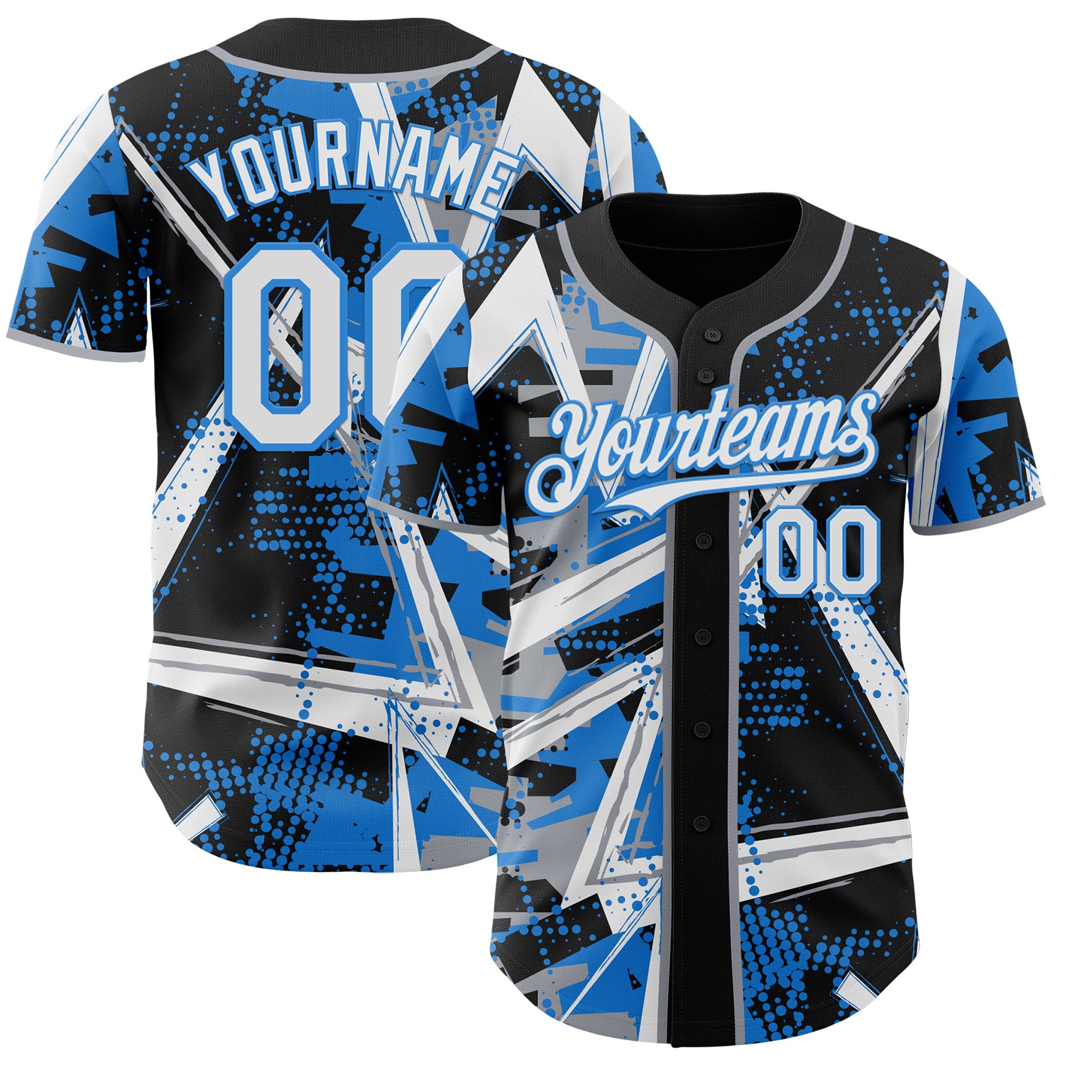 Custom Black White Gray-Electric Blue Geometric Shards Dot Grid Authentic Baseball Jersey