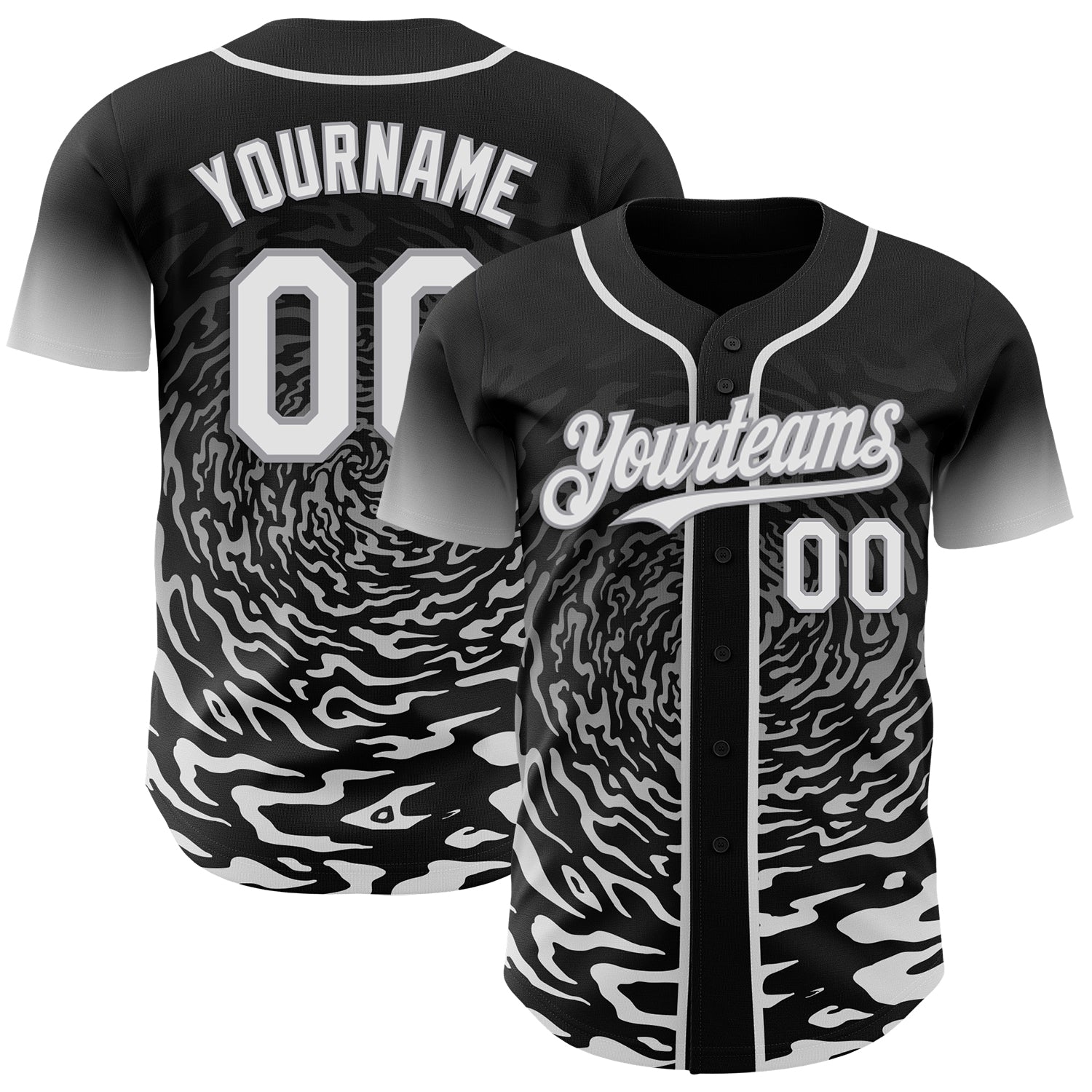 Custom Black White-Gray Fluid Wave Splatter Gradient Authentic Baseball Jersey