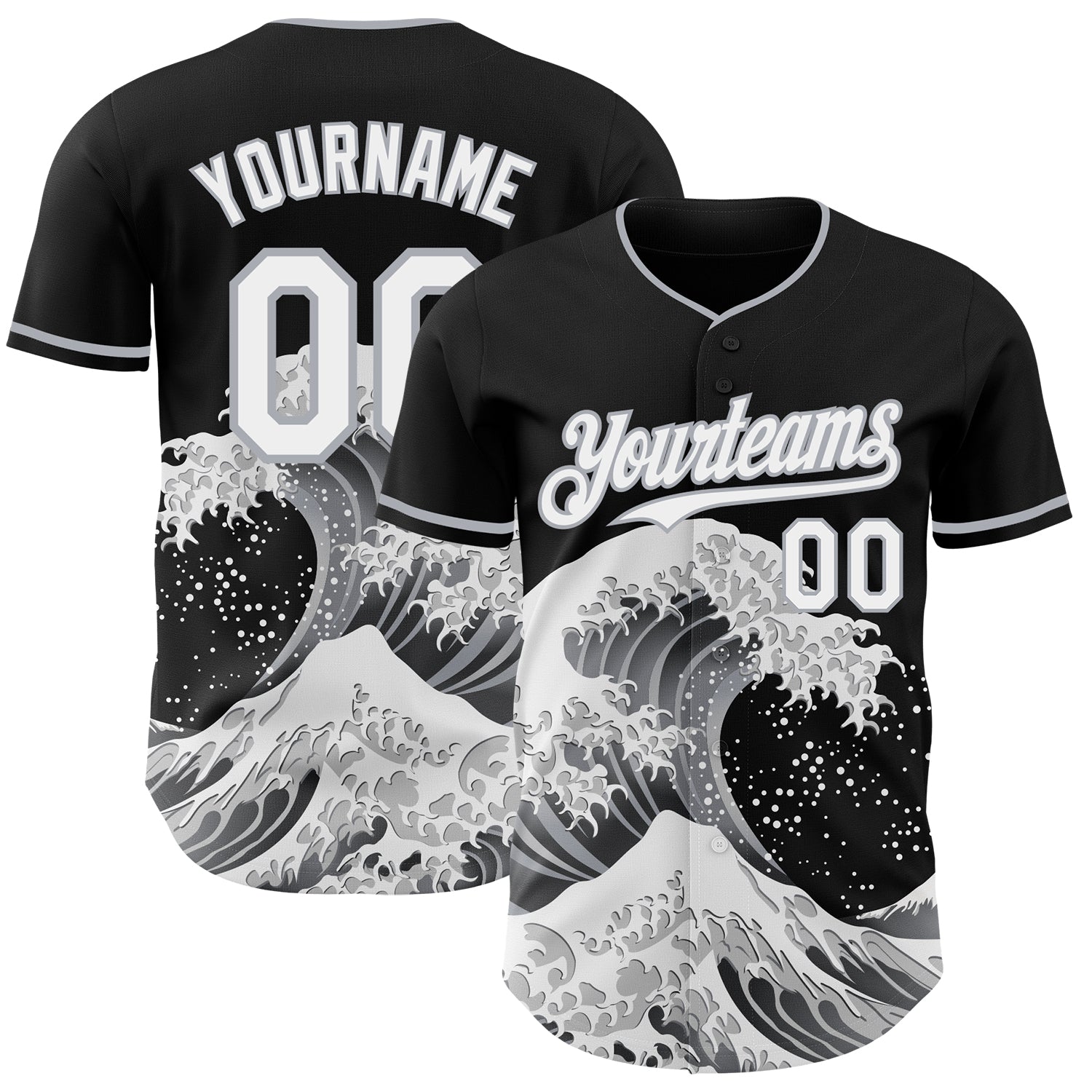 Custom Black White-Gray Japanese Wave 3D Pattern Design Authentic Baseball Jersey