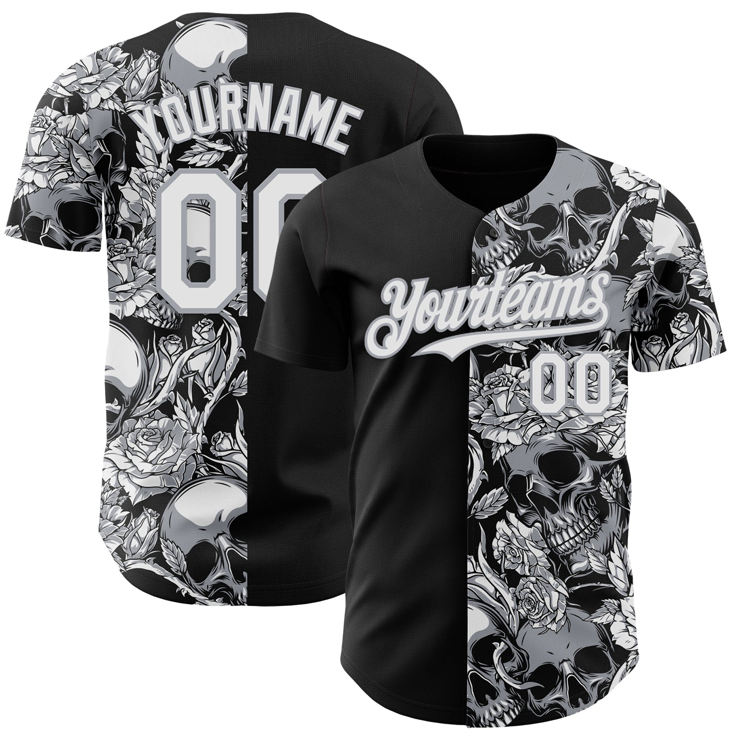 Custom Black White-Gray Skull And Rose Authentic Baseball Jersey