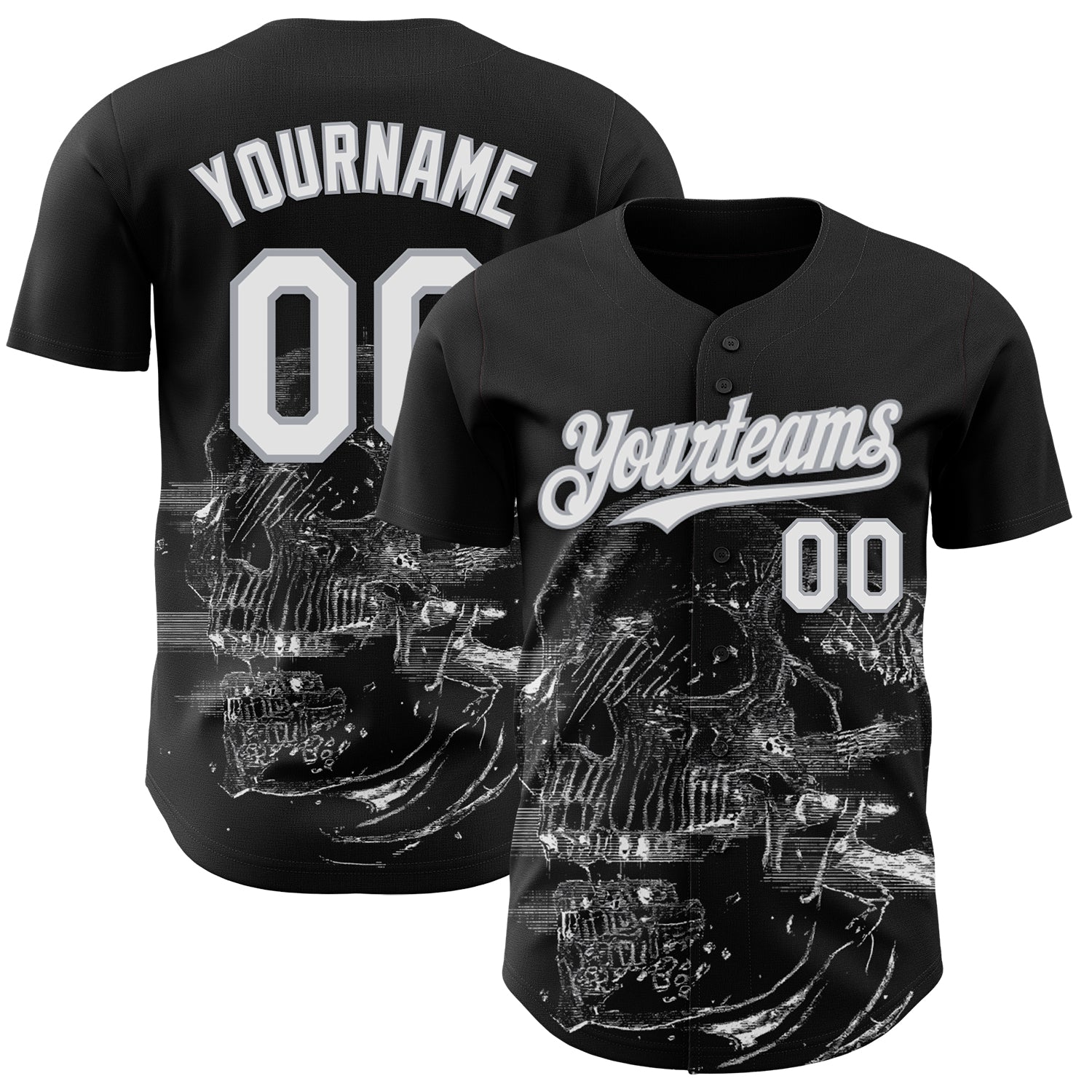 Custom Black White-Gray Skull Authentic Baseball Jersey
