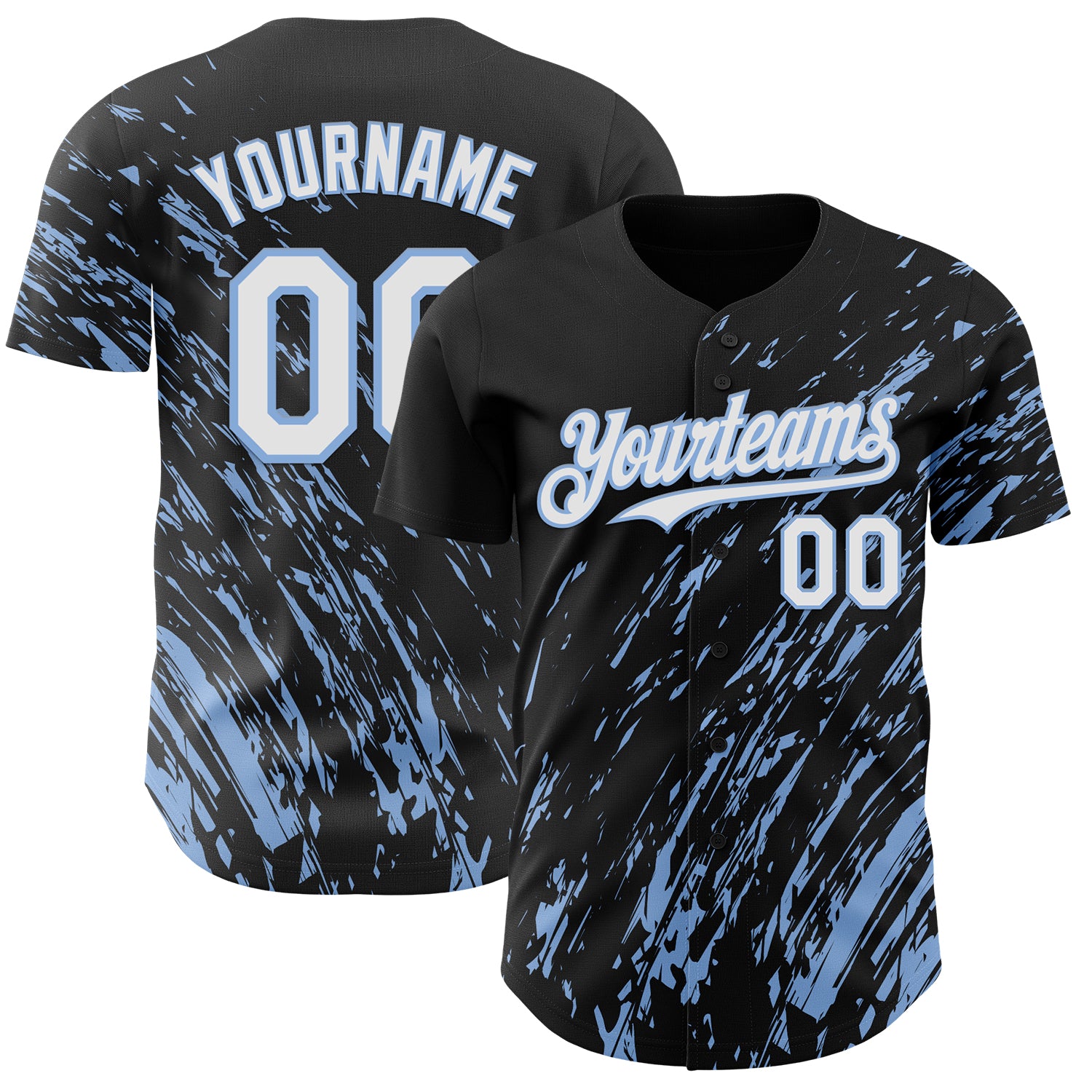 Custom Black White-Light Blue 3D Pattern Design Paint Stroke Grunge Streak Authentic Baseball Jersey