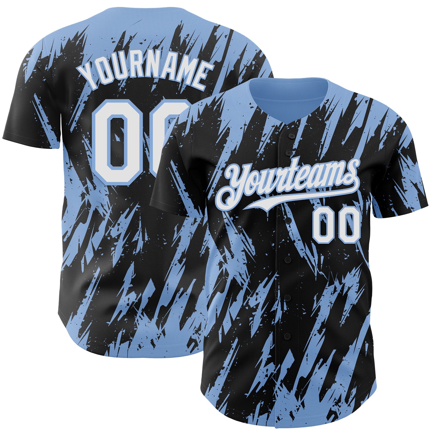 Custom Black White-Light Blue 3D Pattern Design Splatter Torn Sharp Brush Stroke Authentic Baseball Jersey