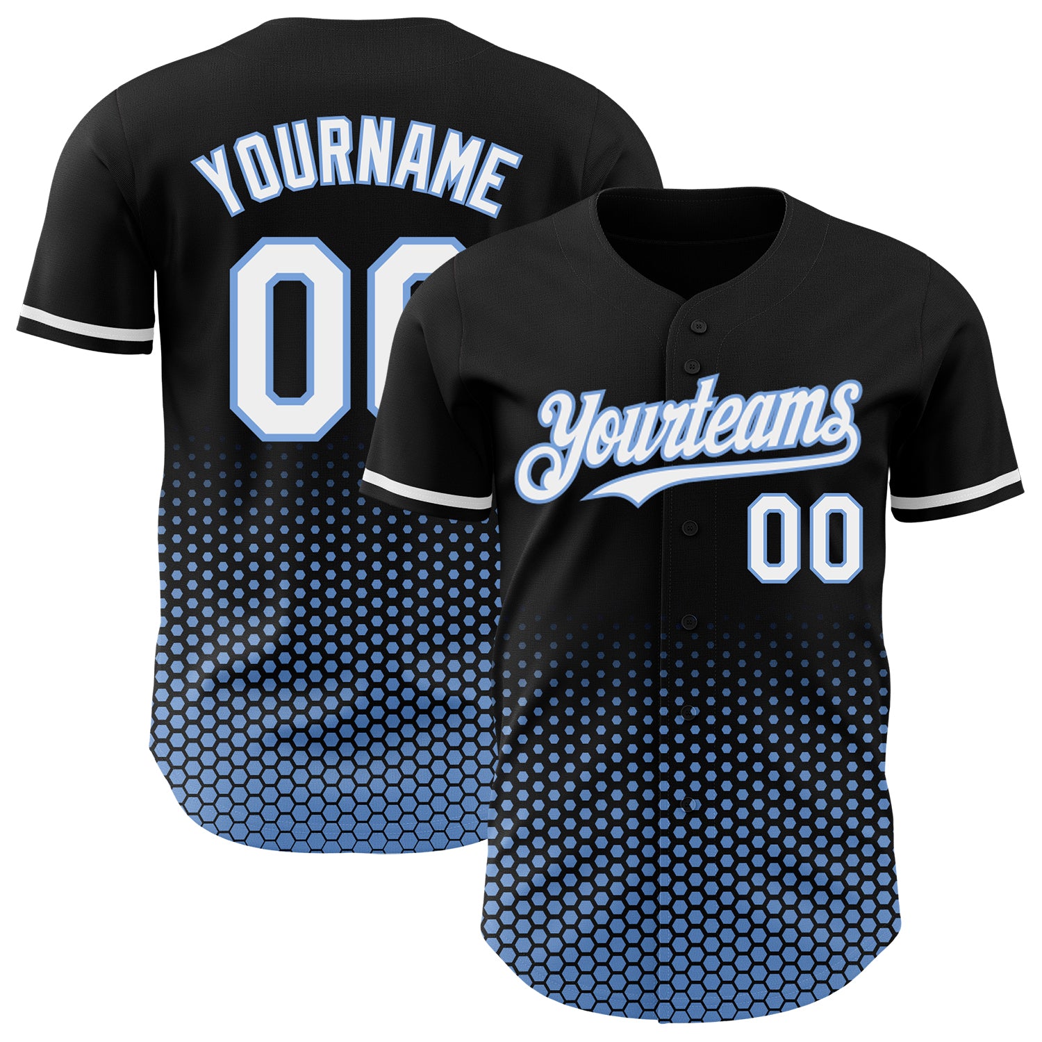 Custom Black White-Light Blue Geometric Hexagonal Dot Gradient Authentic Baseball Jersey