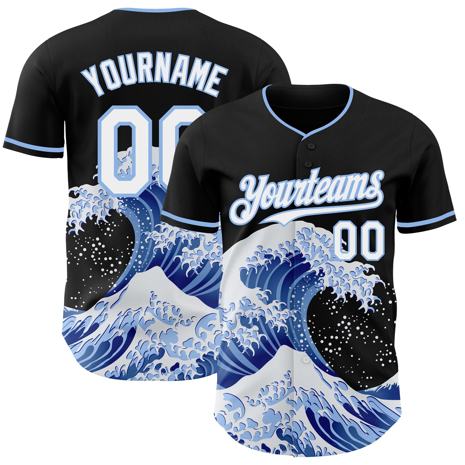 Custom Black White-Light Blue Japanese Wave 3D Pattern Design Authentic Baseball Jersey
