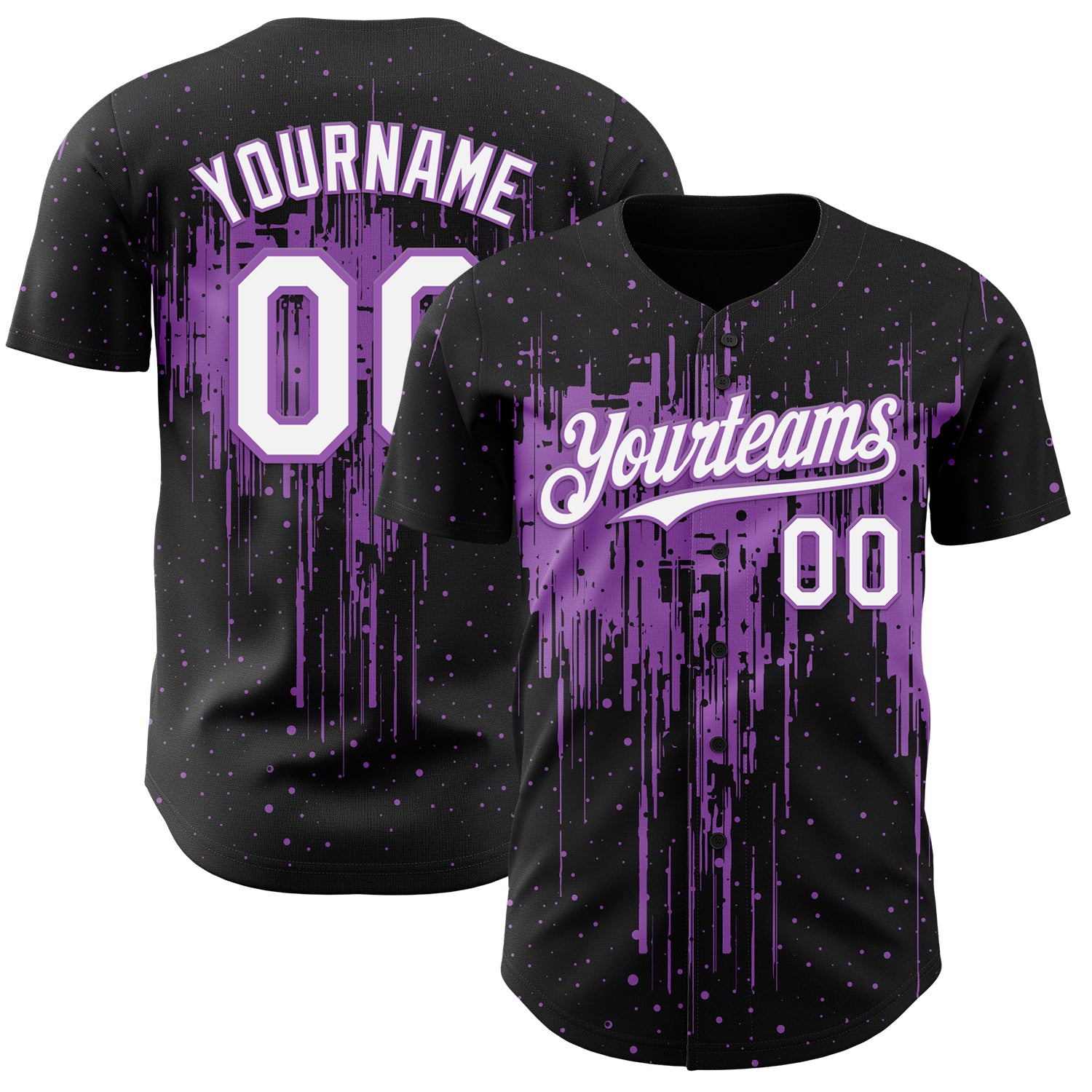 Custom Black White-Medium Purple 3D Pattern Design Dripping Splatter Paint Authentic Baseball Jersey