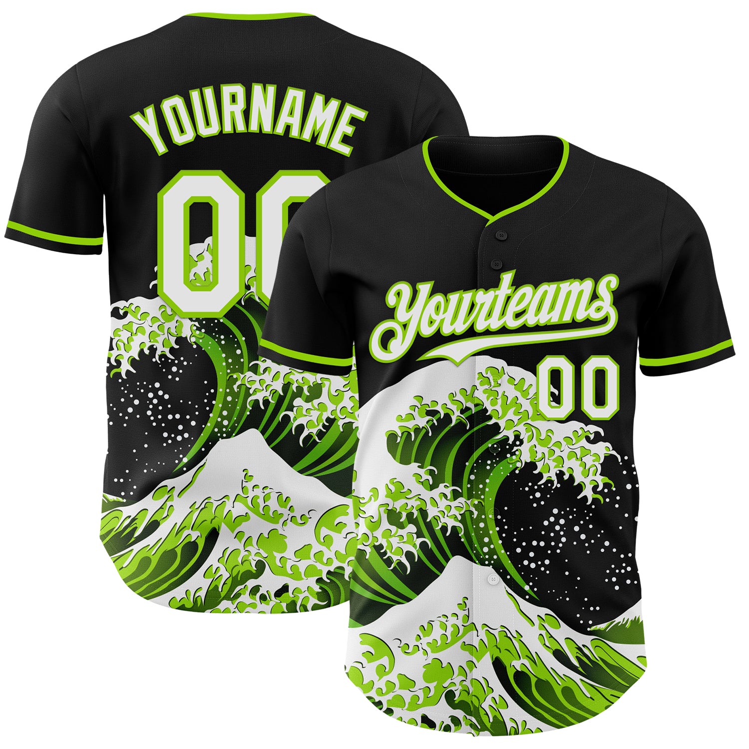Custom Black White-Neon Green Japanese Wave 3D Pattern Design Authentic Baseball Jersey