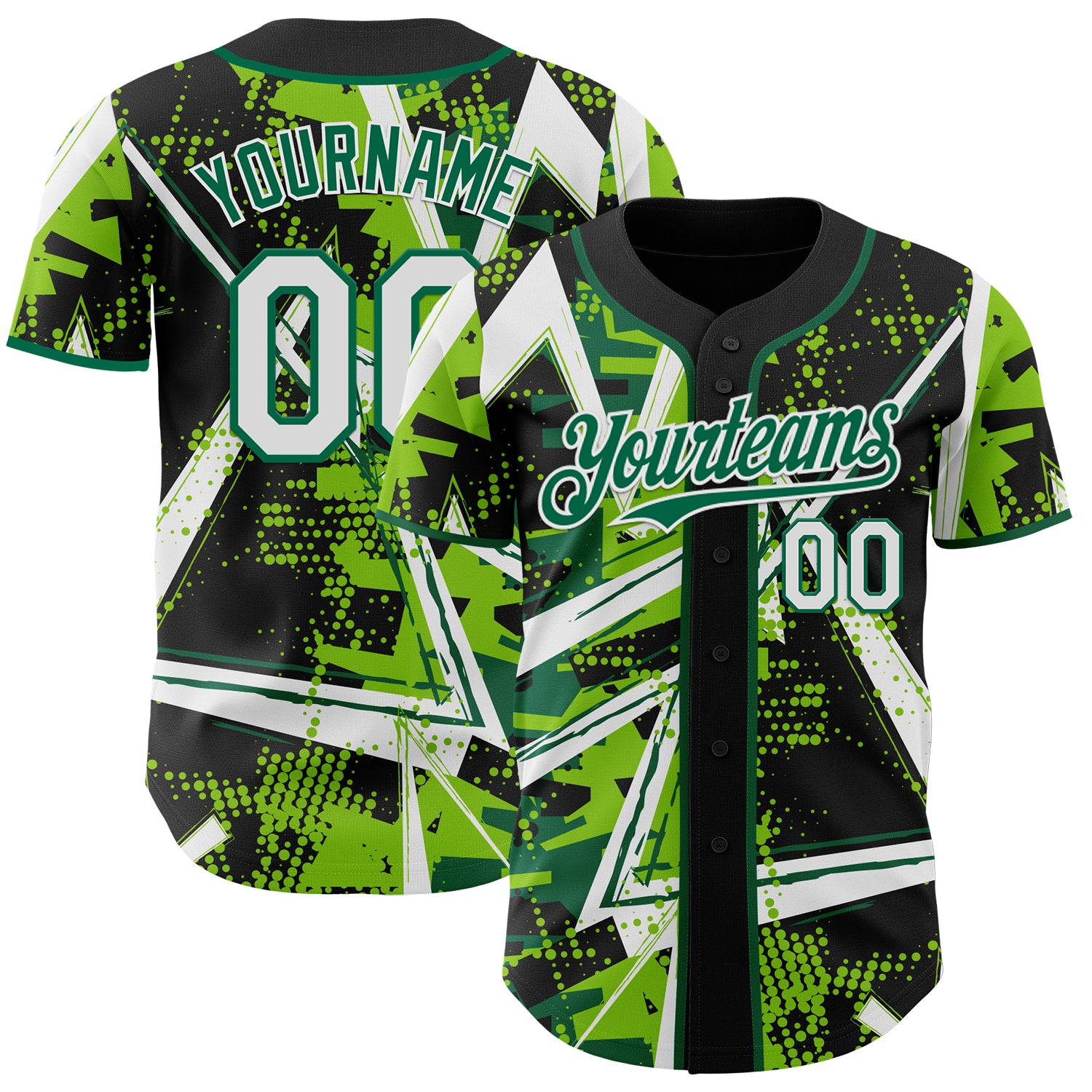 Custom Black White Neon Green-Kelly Green Geometric Shards Dot Grid Authentic Baseball Jersey