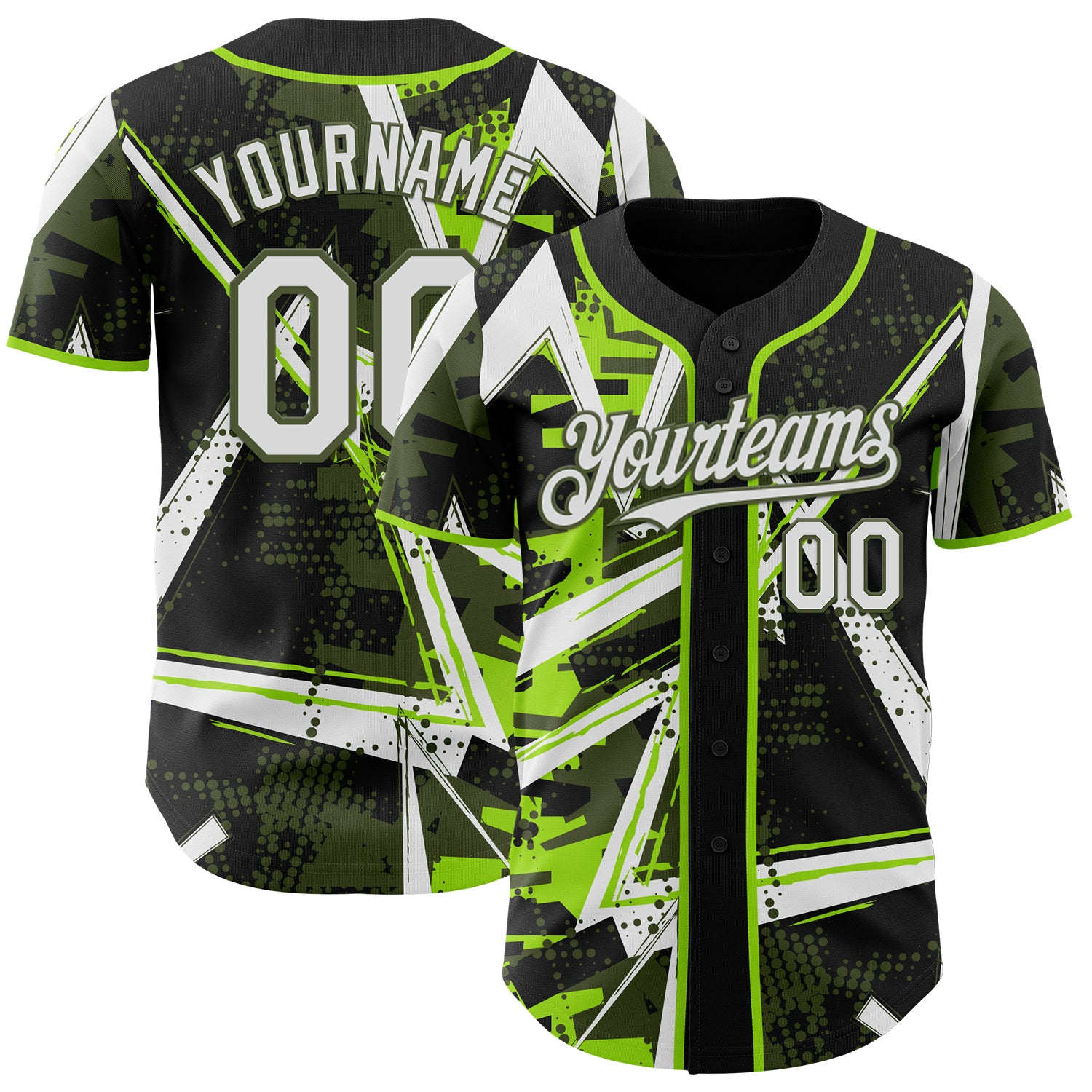 Custom Black White Neon Green-Olive Geometric Shards Dot Grid Authentic Baseball Jersey