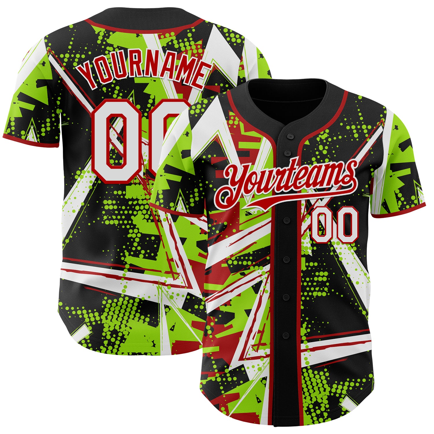 Custom Black White Neon Green-Red Geometric Shards Dot Grid Authentic Baseball Jersey