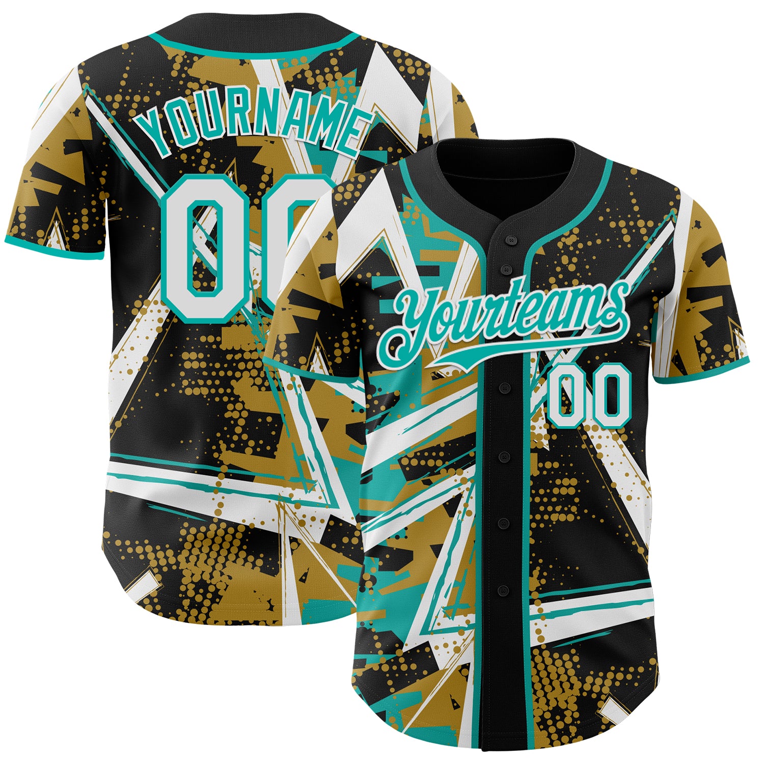 Custom Black White Old Gold-Aqua Geometric Shards Dot Grid Authentic Baseball Jersey