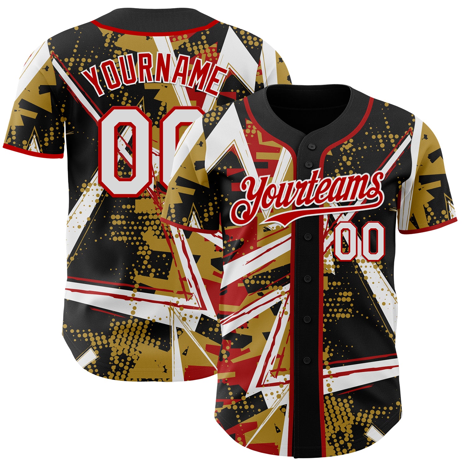 Custom Black White Old Gold-Red Geometric Shards Dot Grid Authentic Baseball Jersey