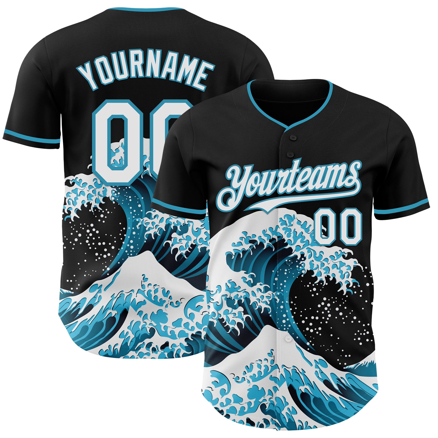 Custom Black White-Panther Blue Japanese Wave 3D Pattern Design Authentic Baseball Jersey
