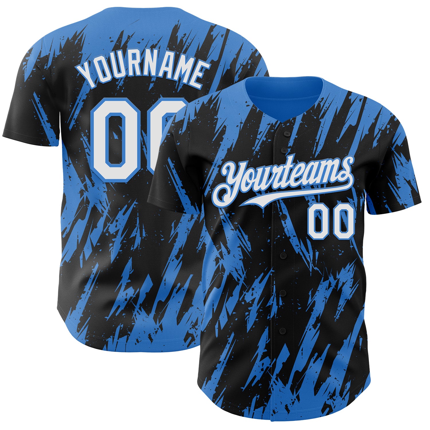 Custom Black White-Powder Blue 3D Pattern Design Splatter Torn Sharp Brush Stroke Authentic Baseball Jersey