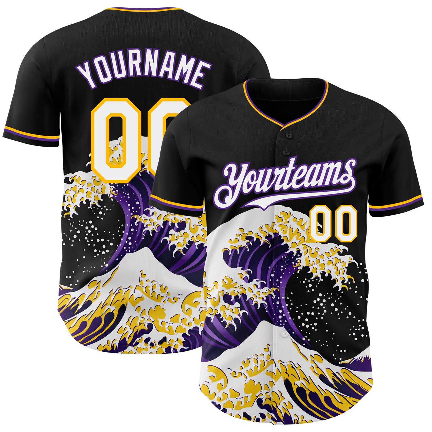 Custom Black White Purple-Gold Japanese Wave 3D Pattern Design Authentic Baseball Jersey