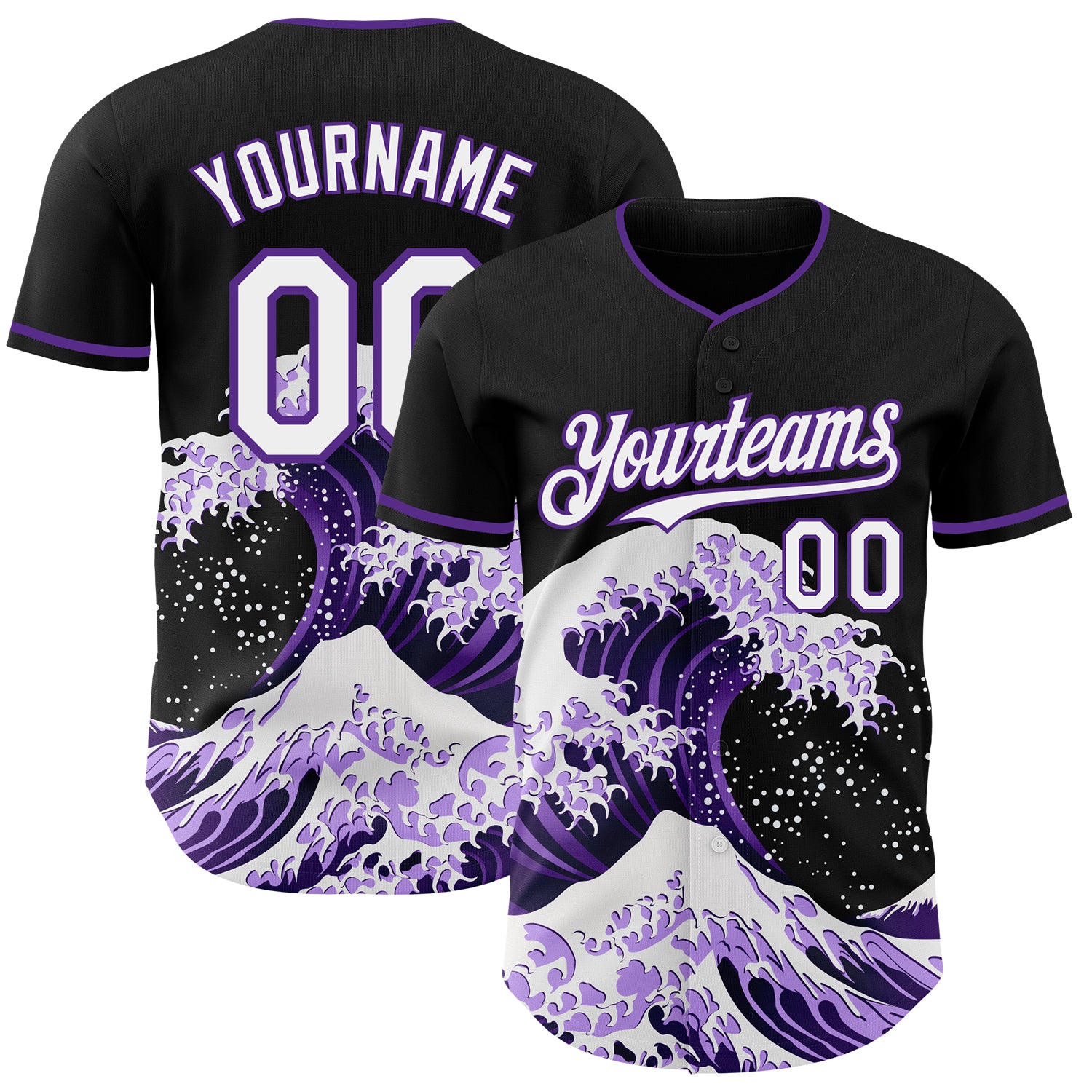 Custom Black White-Purple Japanese Wave 3D Pattern Design Authentic Baseball Jersey