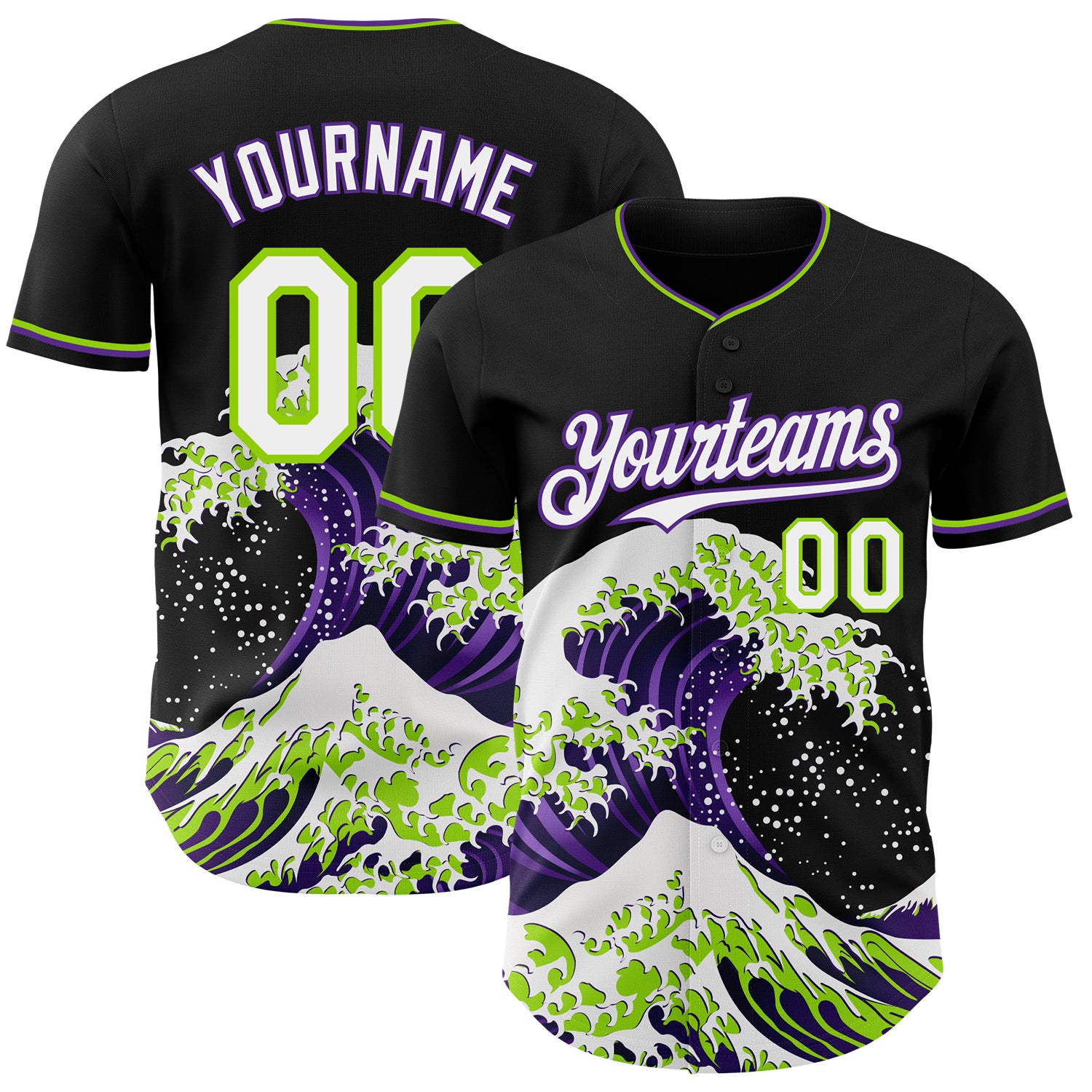 Custom Black White Purple-Neon Green Japanese Wave 3D Pattern Design Authentic Baseball Jersey