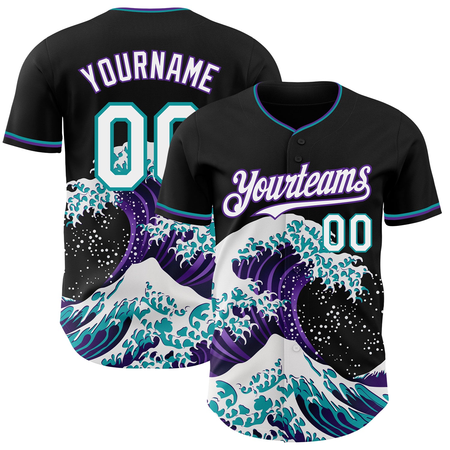 Custom Black White Purple-Teal Japanese Wave 3D Pattern Design Authentic Baseball Jersey