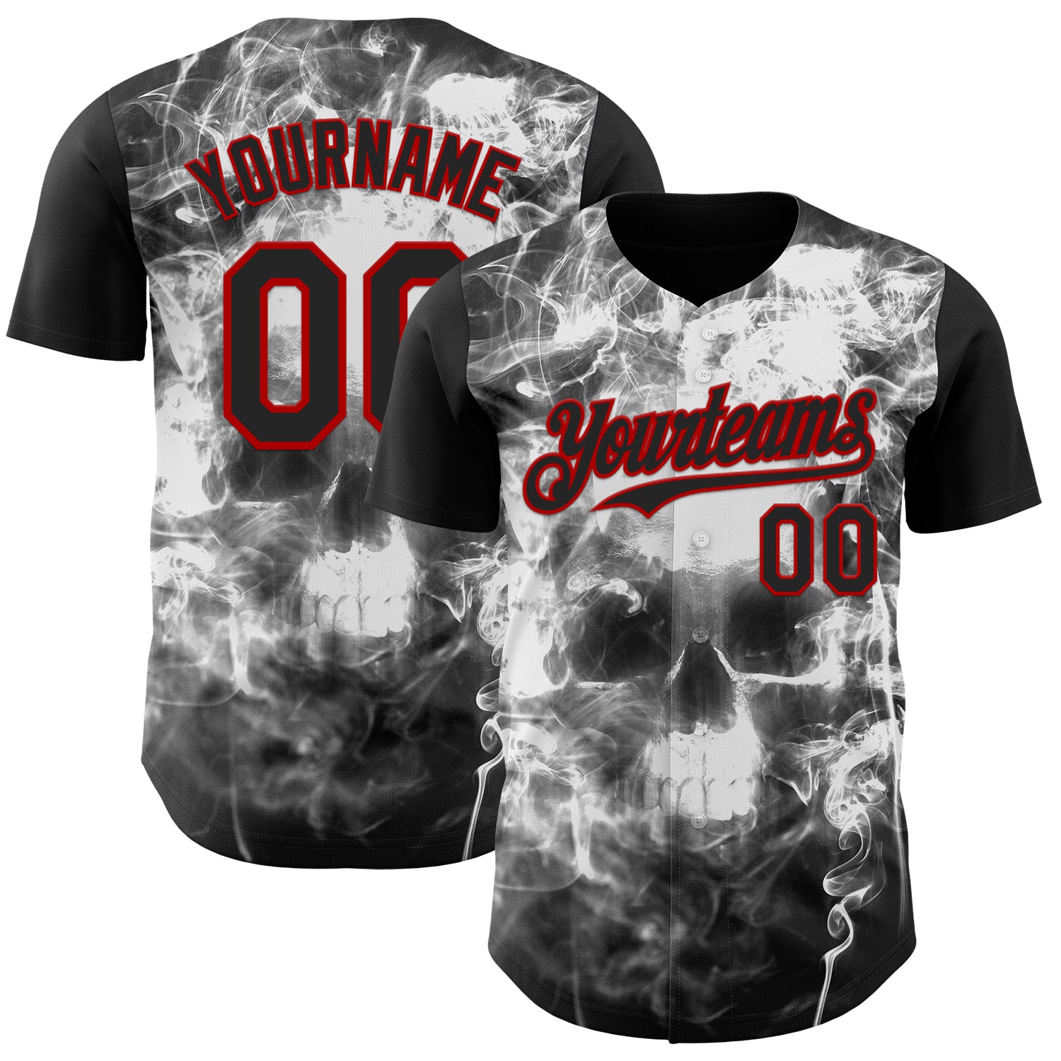 Custom Black White-Red Flames Skull Smoke Authentic Baseball Jersey