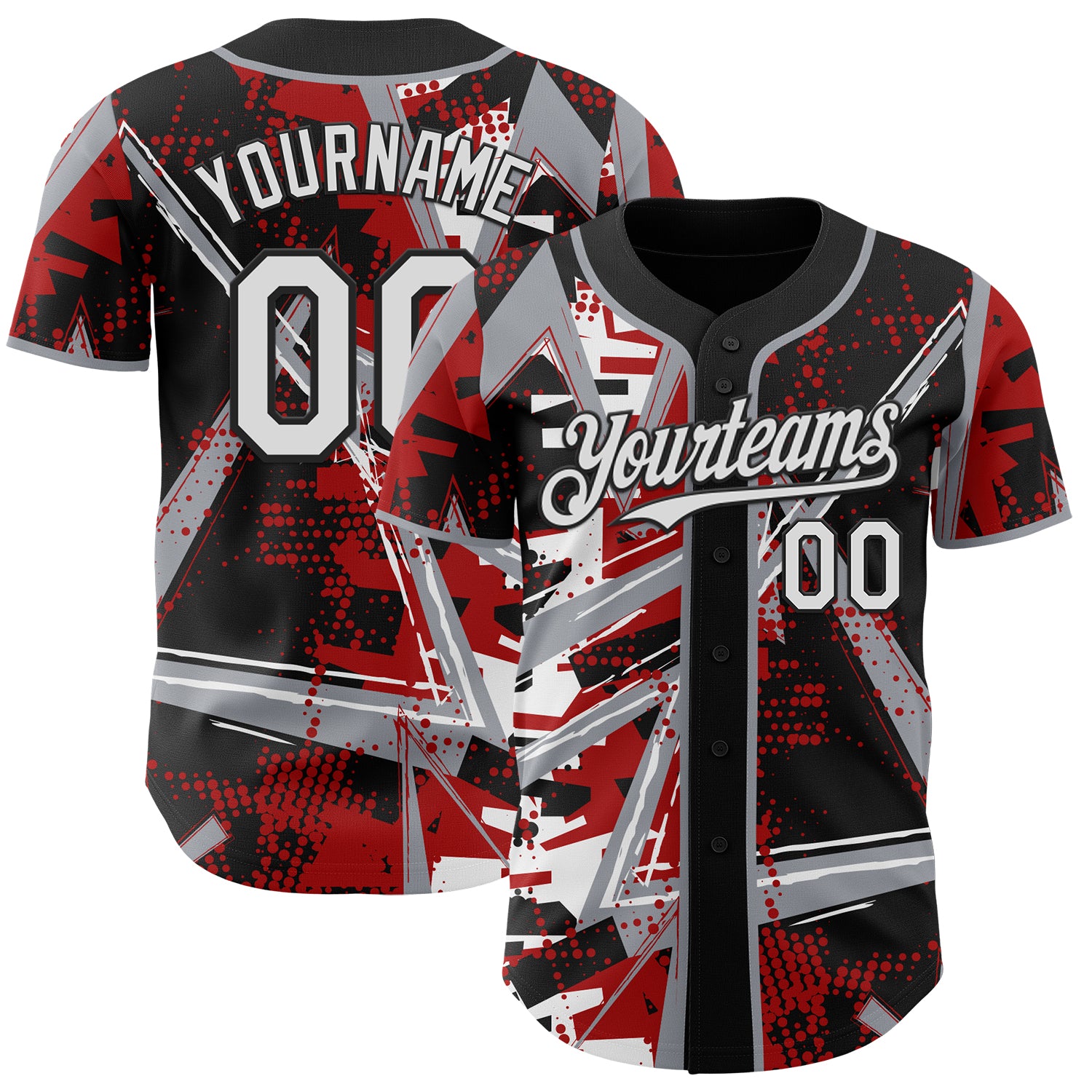 Custom Black White Red-Gray Geometric Shards Dot Grid Authentic Baseball Jersey