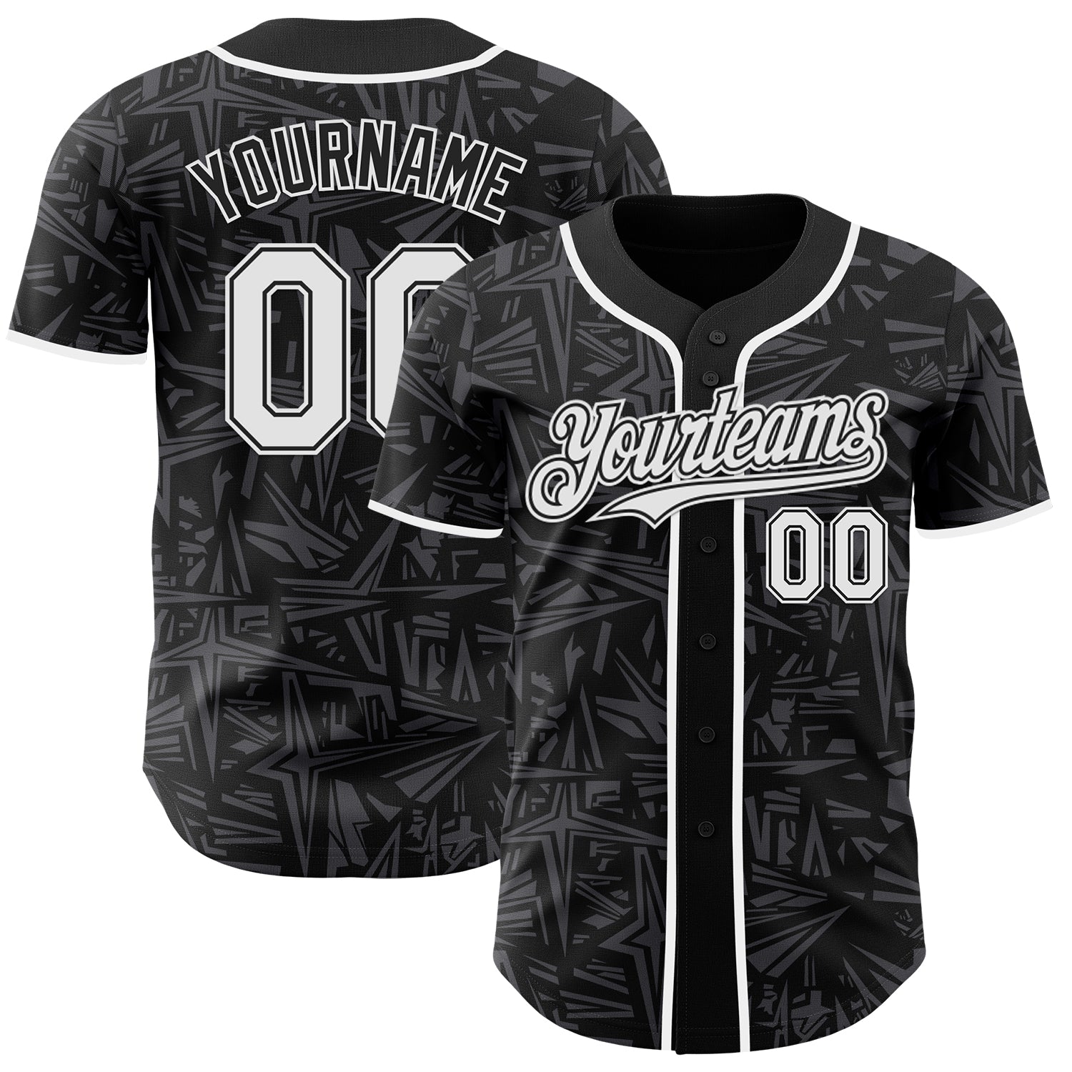 Custom Black White-Steel Gray Geometric Cyber Starburst Authentic Baseball Jersey